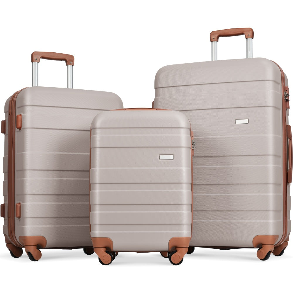 Luggage Sets New Model ABS Hardshell 3pcs Clearance Luggage Hardside Lightweight Durable Suitcase sets Spinner Wheels Suitcase with TSA Lock 20''24''28''(ivory and brown)