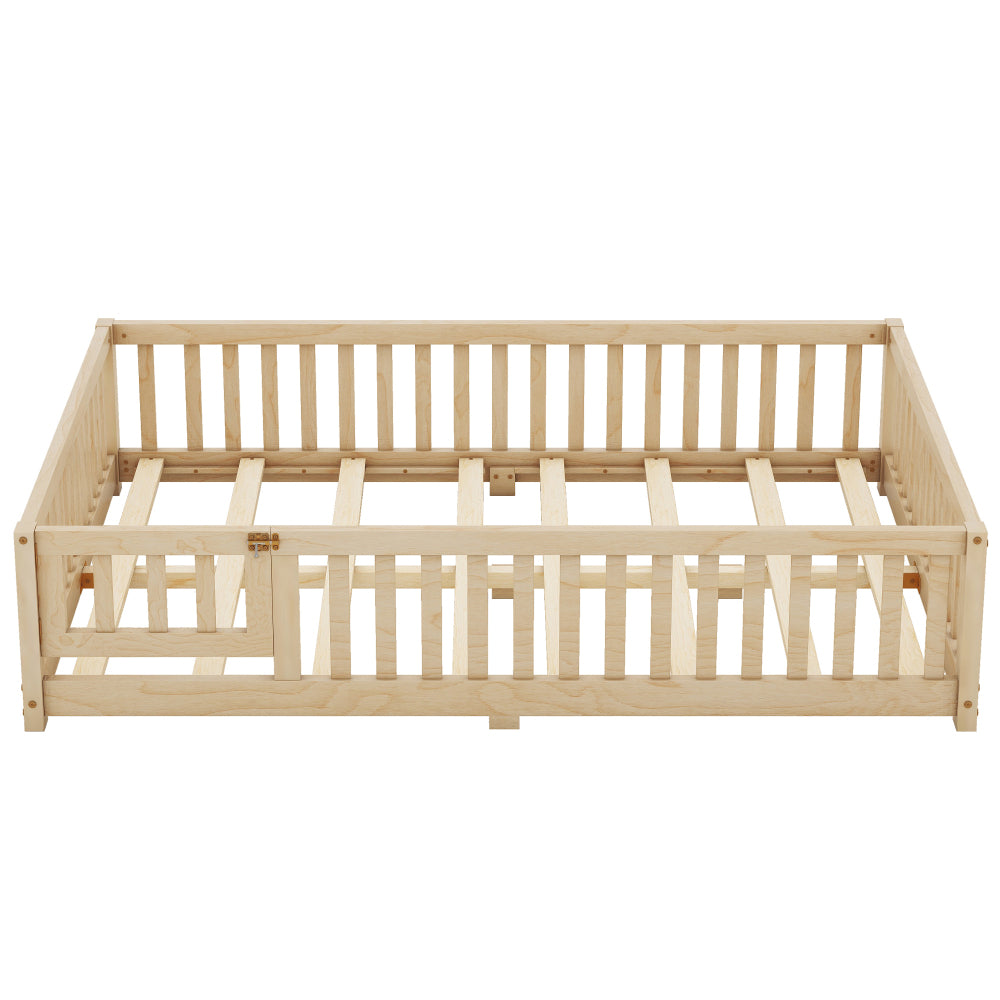 Full Size Bed Floor Bed with Safety Guardrails and Door for Kids, Natural