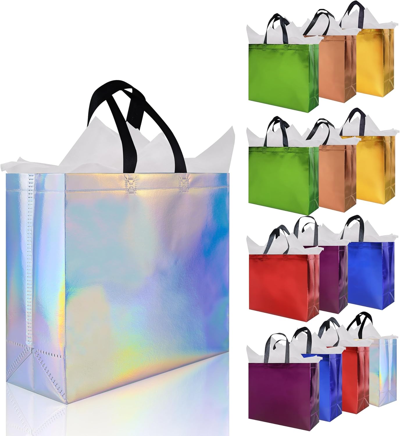 15 Pcs Glossy Red Reusable Gift Bags with Handle, 12.6 x 4.7 x 11 In Christmas Gift Bags with Sturdy Base, Non-woven Holiday Gift Bags Bulk for Xmas, Birthday, Wedding, Party