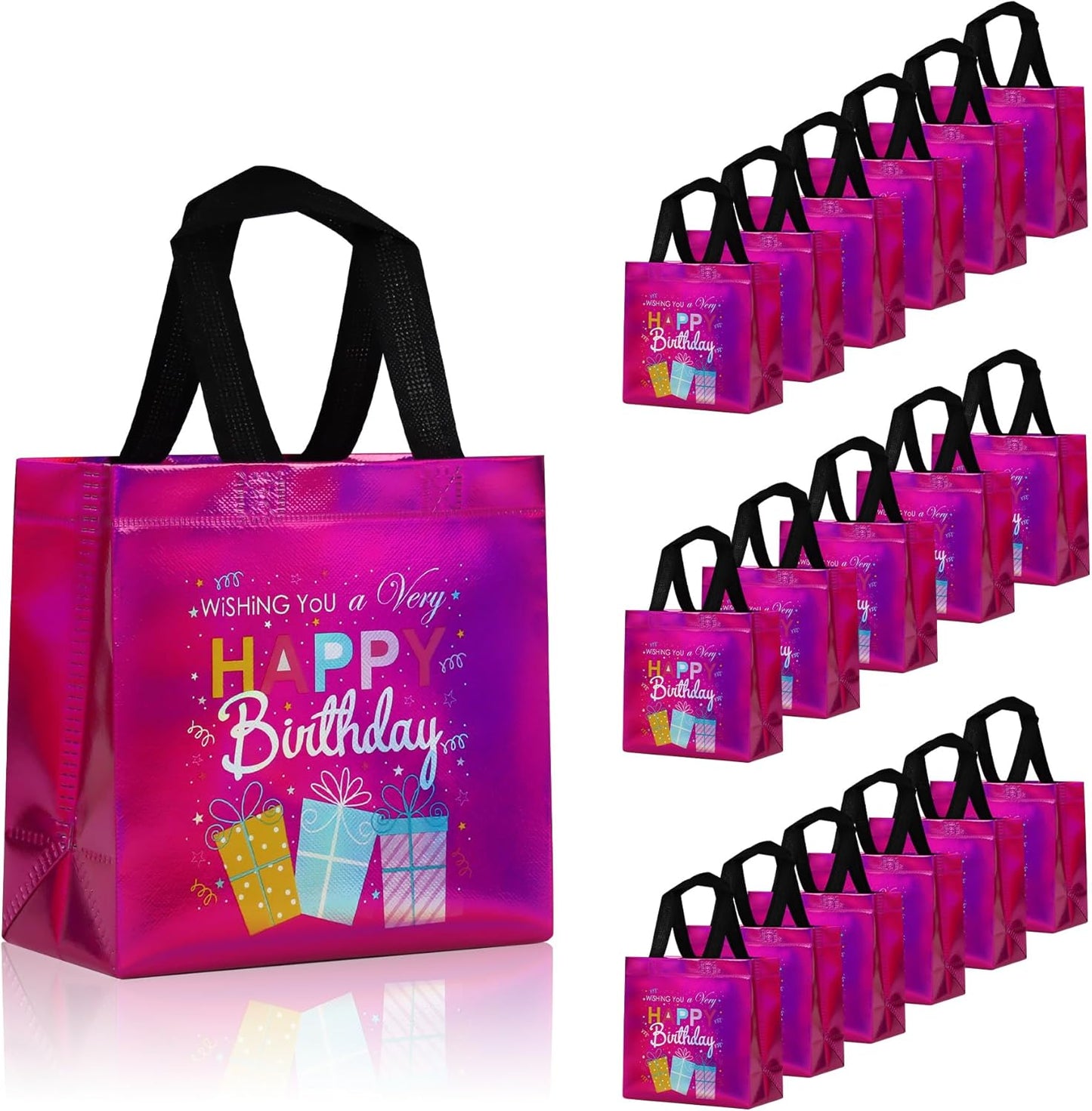 cabzymx 18 Pcs Sunset Gold Small Happy Birthday Gift Bags Bulk- with Funny Gift Design, Glossy Reusable Goodie Bags for Baby, Girls, Boys, Birthday Party- 8 x 3.9 x 8 In