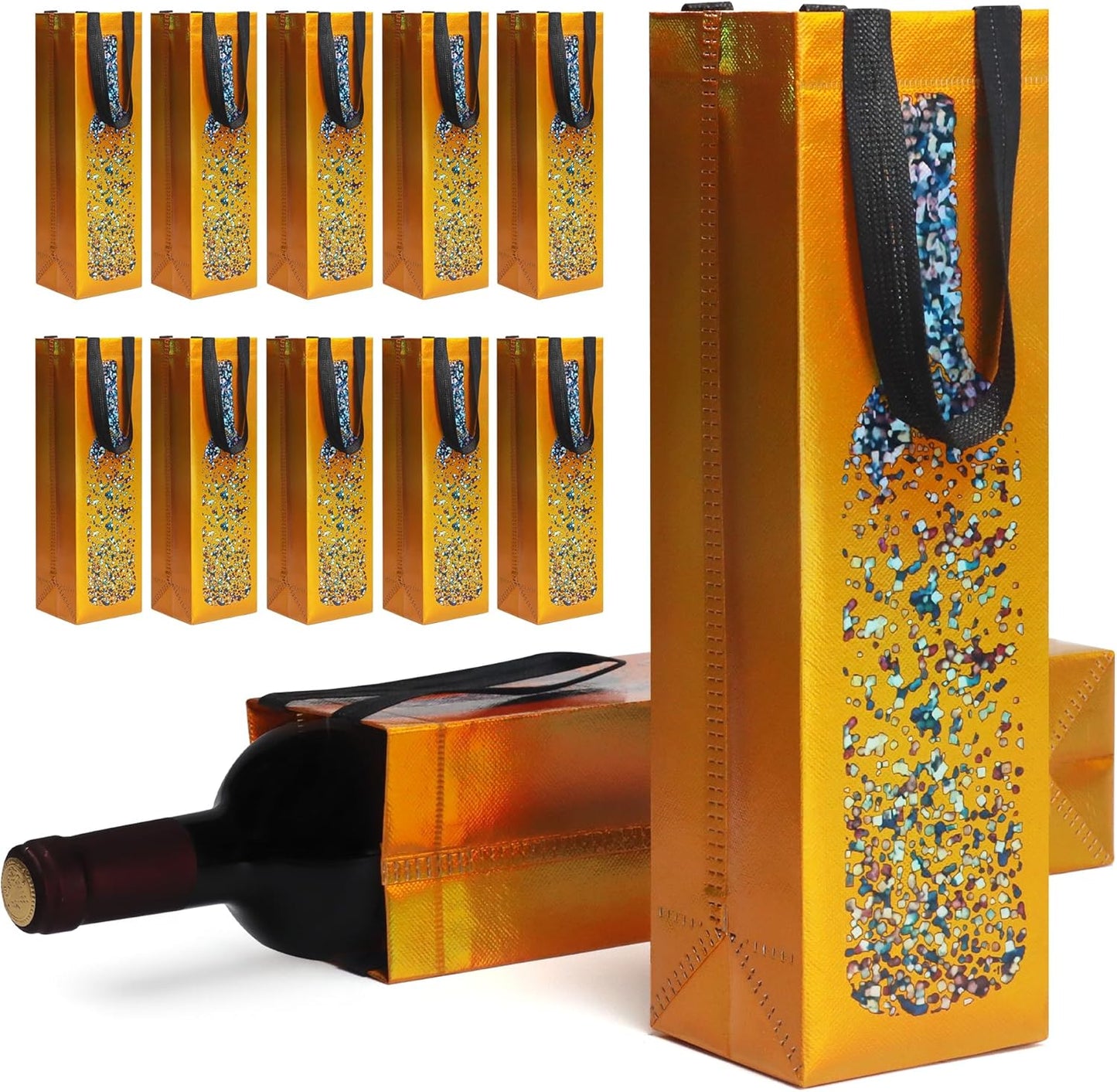 cabzymx 24-pack Yellow Reusable Wine Gift Bags with Wine Bottle Pattern Design, 13.6x3.5x3.9 Inches Non-woven Holiday Wine Bottle Bags Bulk for Christmas Thanksgiving Halloween Birthday Party