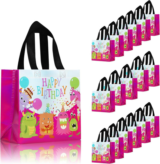 cabzymx Small Pink Birthday Gift Bags with Handles, 18 Pcs Cartoon Pattern Happy Birthday Party Bags Bulk for Girls, Boys