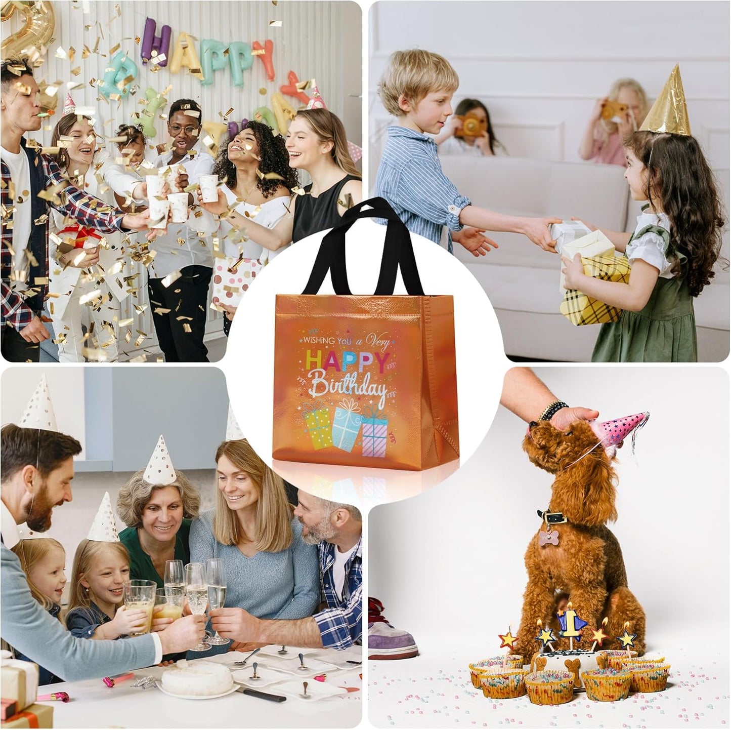 cabzymx 18 Pcs Sunset Gold Small Happy Birthday Gift Bags Bulk- with Funny Gift Design, Glossy Reusable Goodie Bags for Baby, Girls, Boys, Birthday Party- 8 x 3.9 x 8 In