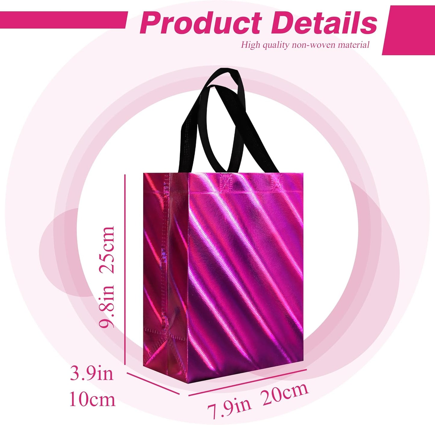 cabzymx 16 Pcs Small Holiday Gift Bags Bulk, Hot Pink Reusable Gift Bags with Twill Laser, Unique Non-woven Goodie Bags for Birthday, Wedding, Valentines, Parties, Easter- 8x3.9x9.8 In