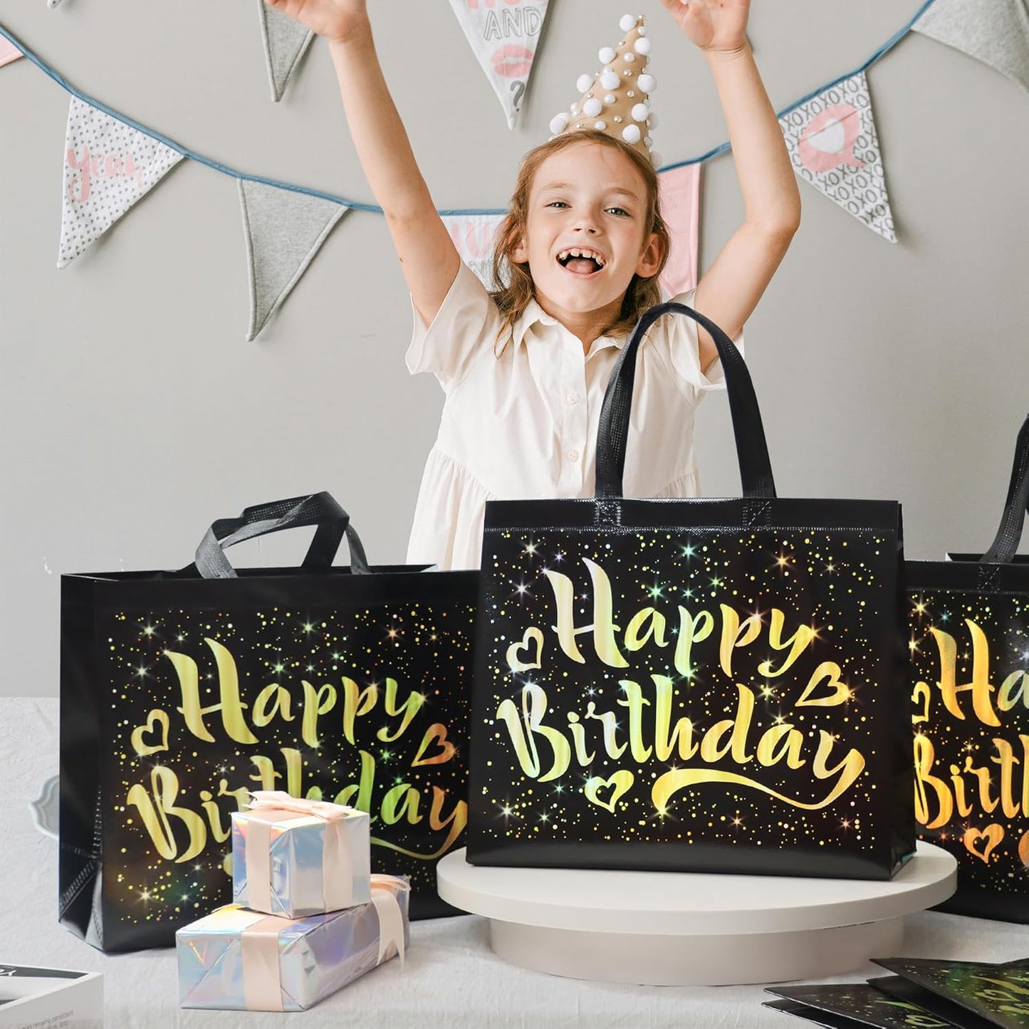 cabzymx 22 Pcs Black Birthday Gift Bags with Yellow Gold Happy Birthday Letters Banner, 12.6 x 4.7 x 11 In Reusable Party Gift Bags Bulk for Kids, Adults Birthday Party