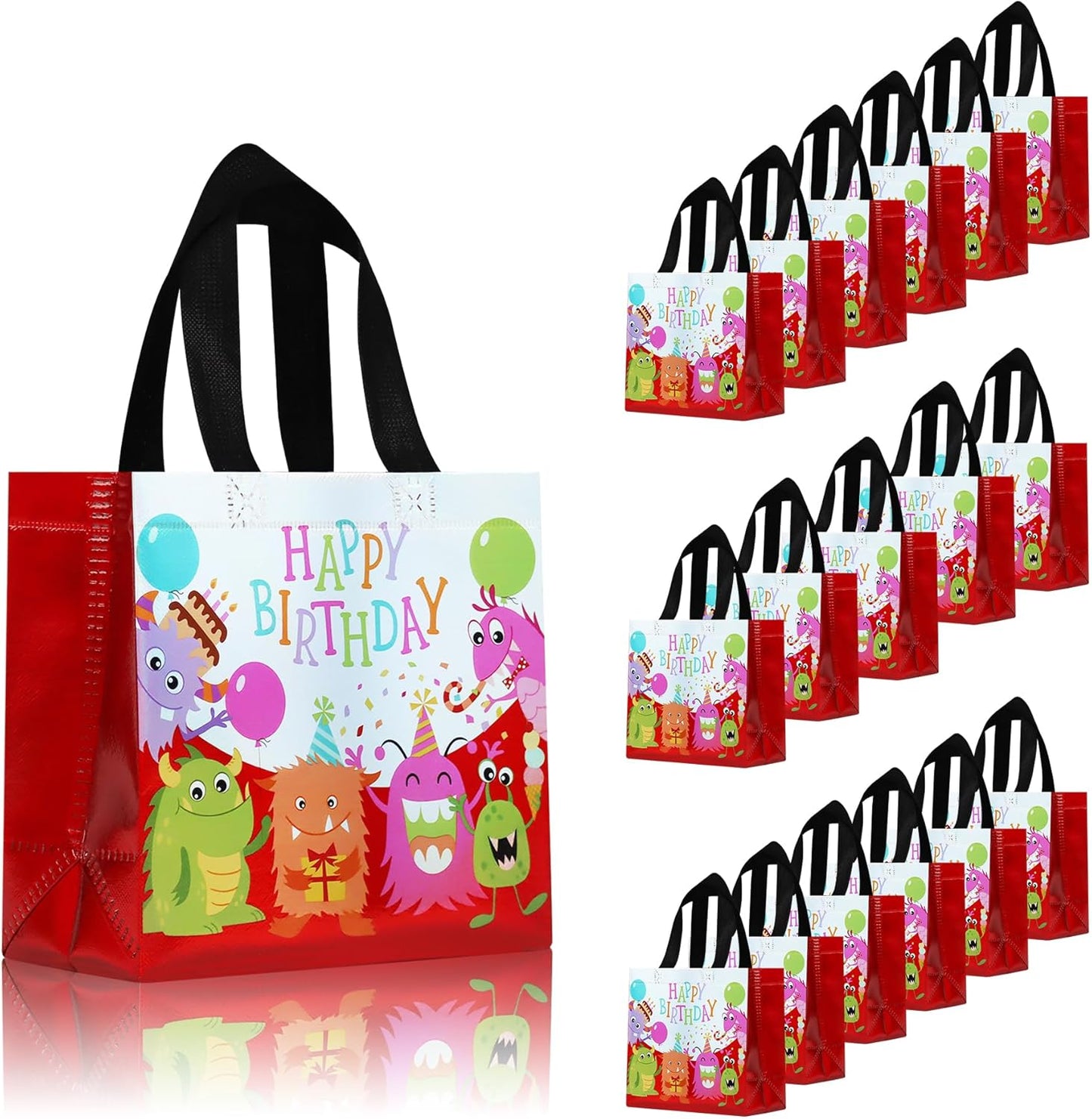 cabzymx Small Pink Birthday Gift Bags with Handles, 18 Pcs Cartoon Pattern Happy Birthday Party Bags Bulk for Girls, Boys