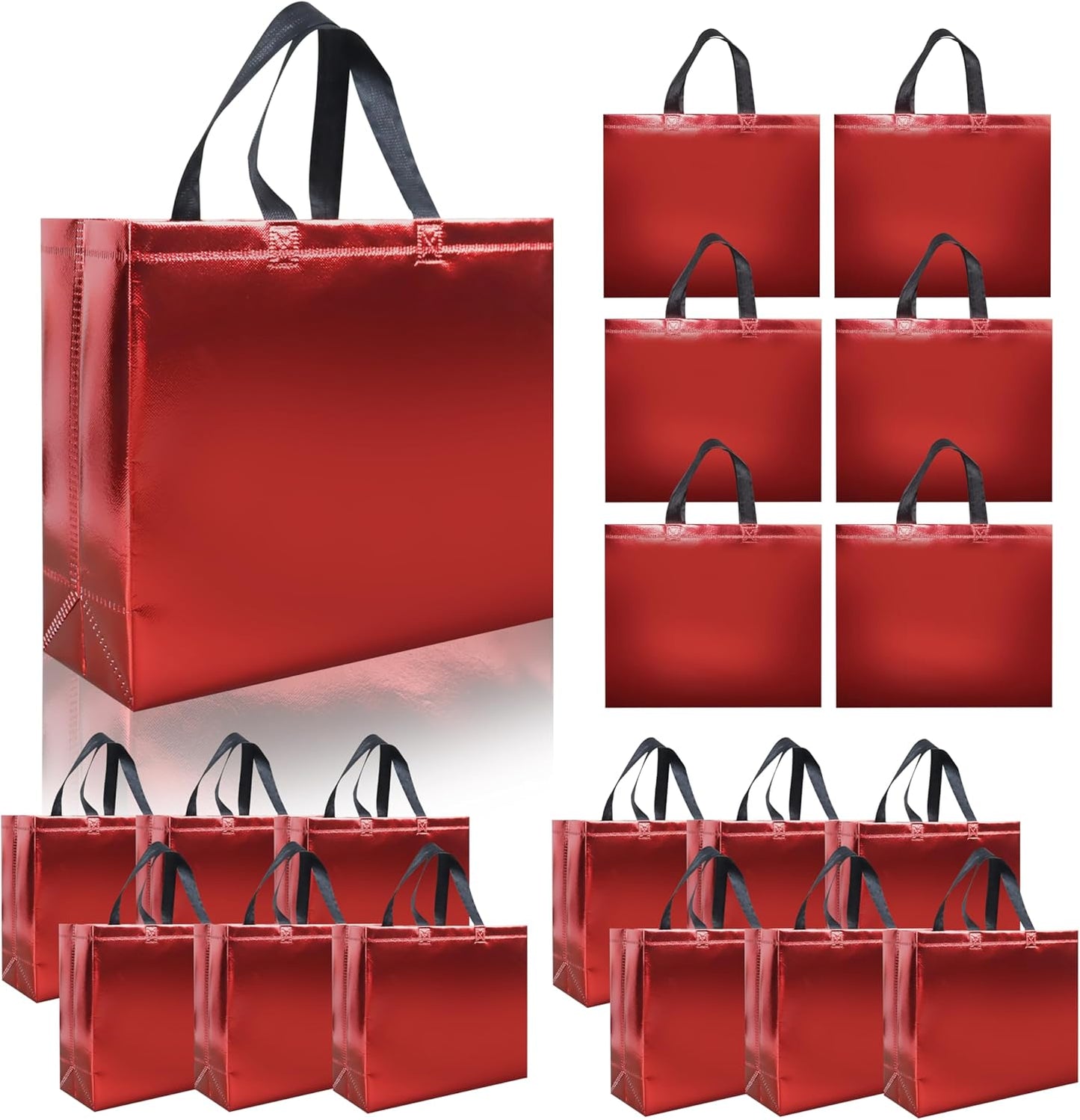 15 Pcs Glossy Red Reusable Gift Bags with Handle, 12.6 x 4.7 x 11 In Christmas Gift Bags with Sturdy Base, Non-woven Holiday Gift Bags Bulk for Xmas, Birthday, Wedding, Party