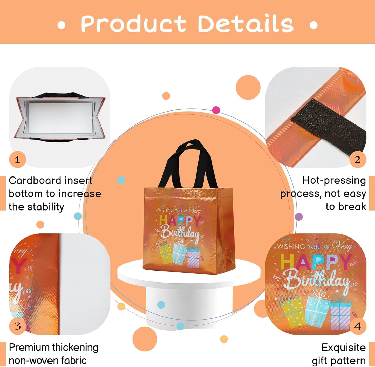 cabzymx 18 Pcs Sunset Gold Small Happy Birthday Gift Bags Bulk- with Funny Gift Design, Glossy Reusable Goodie Bags for Baby, Girls, Boys, Birthday Party- 8 x 3.9 x 8 In