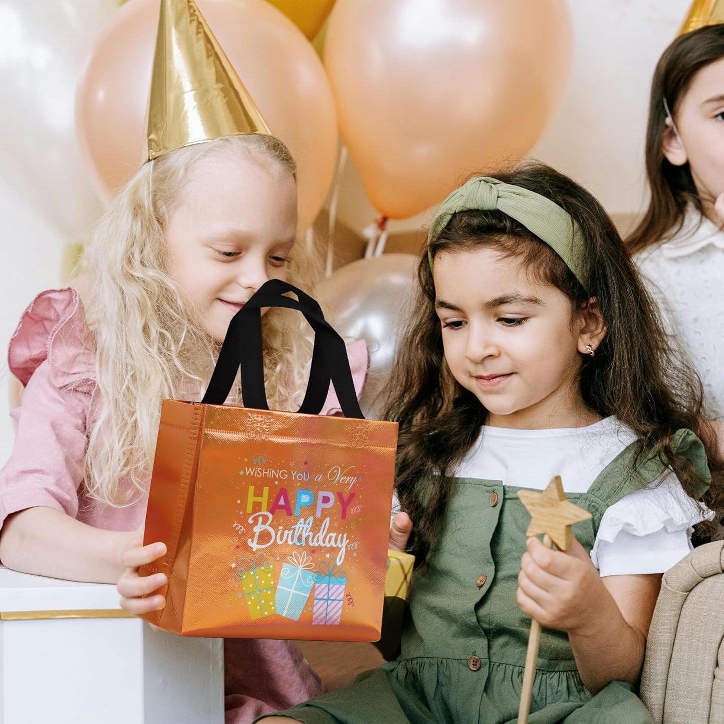 cabzymx 18 Pcs Sunset Gold Small Happy Birthday Gift Bags Bulk- with Funny Gift Design, Glossy Reusable Goodie Bags for Baby, Girls, Boys, Birthday Party- 8 x 3.9 x 8 In