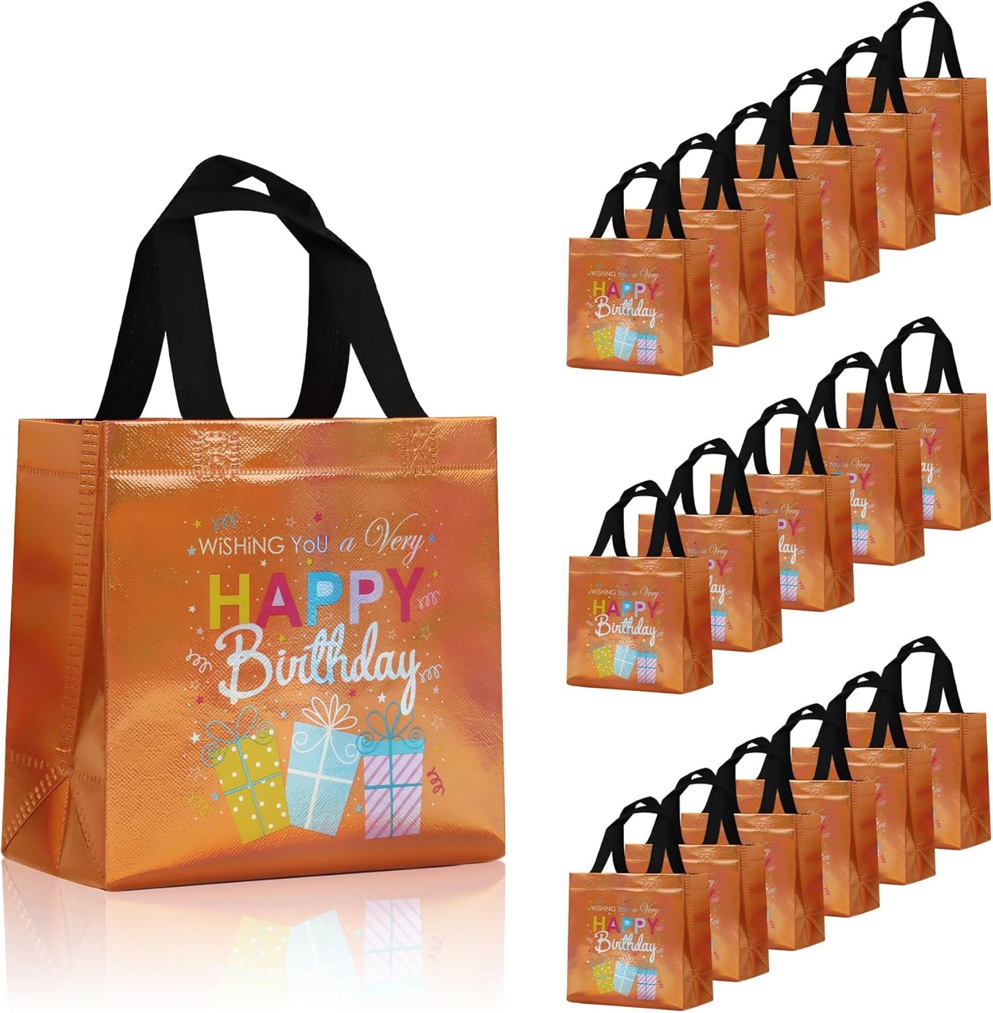 cabzymx 18 Pcs Sunset Gold Small Happy Birthday Gift Bags Bulk- with Funny Gift Design, Glossy Reusable Goodie Bags for Baby, Girls, Boys, Birthday Party- 8 x 3.9 x 8 In