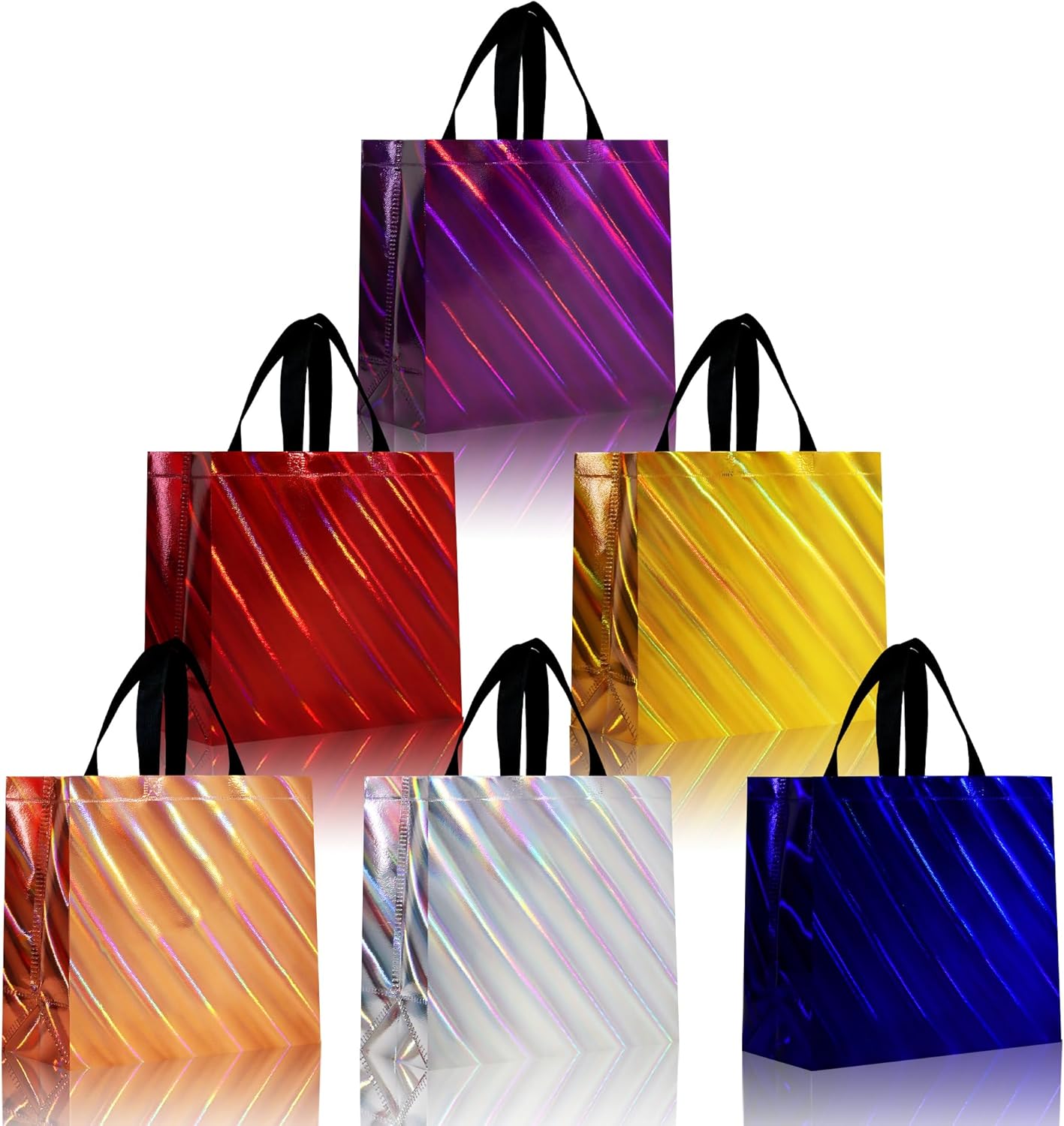 cabzymx Iridescent Glossy Gift Bags 15 pcs, 12.6x4.7x11 In Non-woven Reusable Goodie Bags Bulk, with Black Handles & Sturdy Base, Christmas Gift Bags for Birthday, Wedding, Easter, Holiday Party