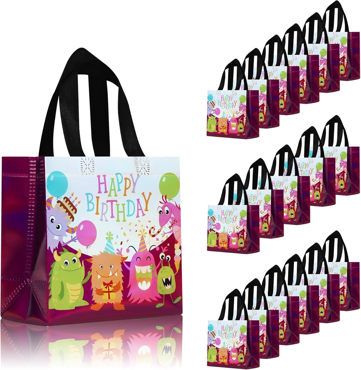 cabzymx Small Pink Birthday Gift Bags with Handles, 18 Pcs Cartoon Pattern Happy Birthday Party Bags Bulk for Girls, Boys