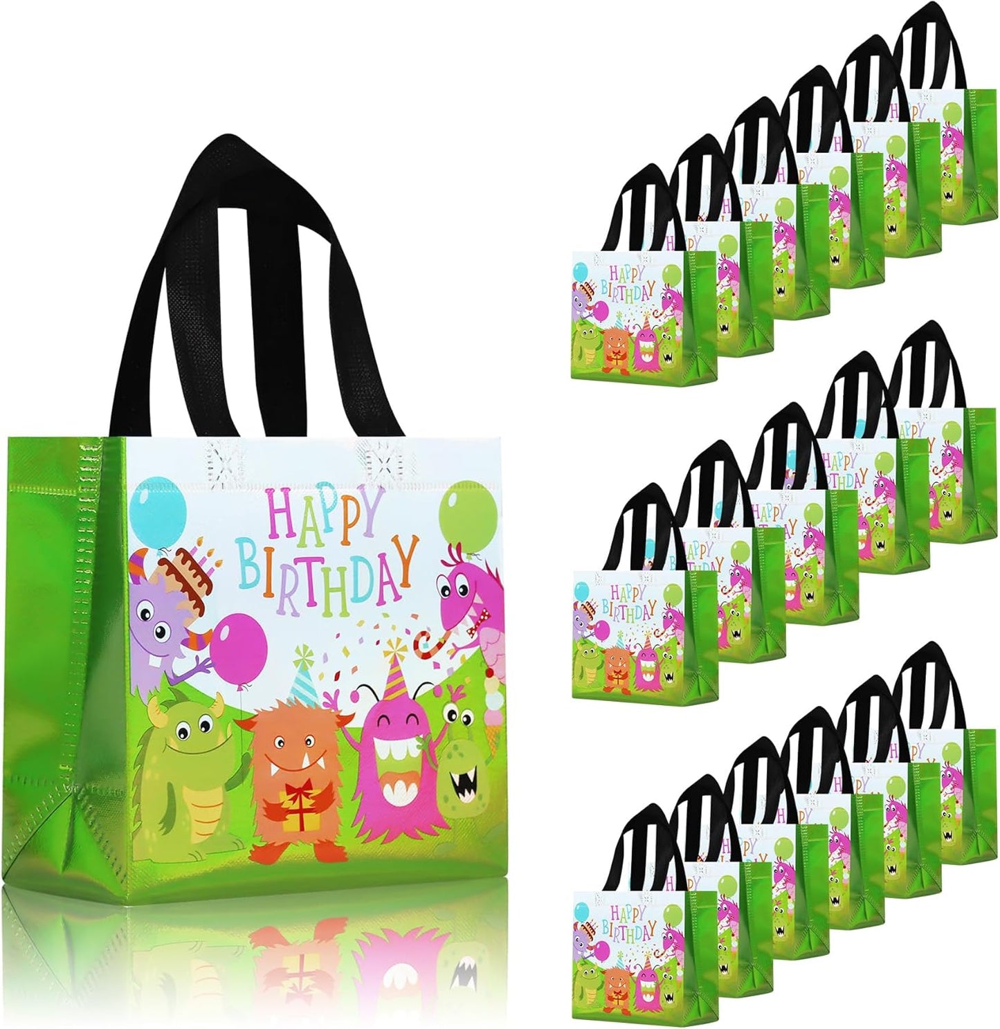 cabzymx Small Pink Birthday Gift Bags with Handles, 18 Pcs Cartoon Pattern Happy Birthday Party Bags Bulk for Girls, Boys