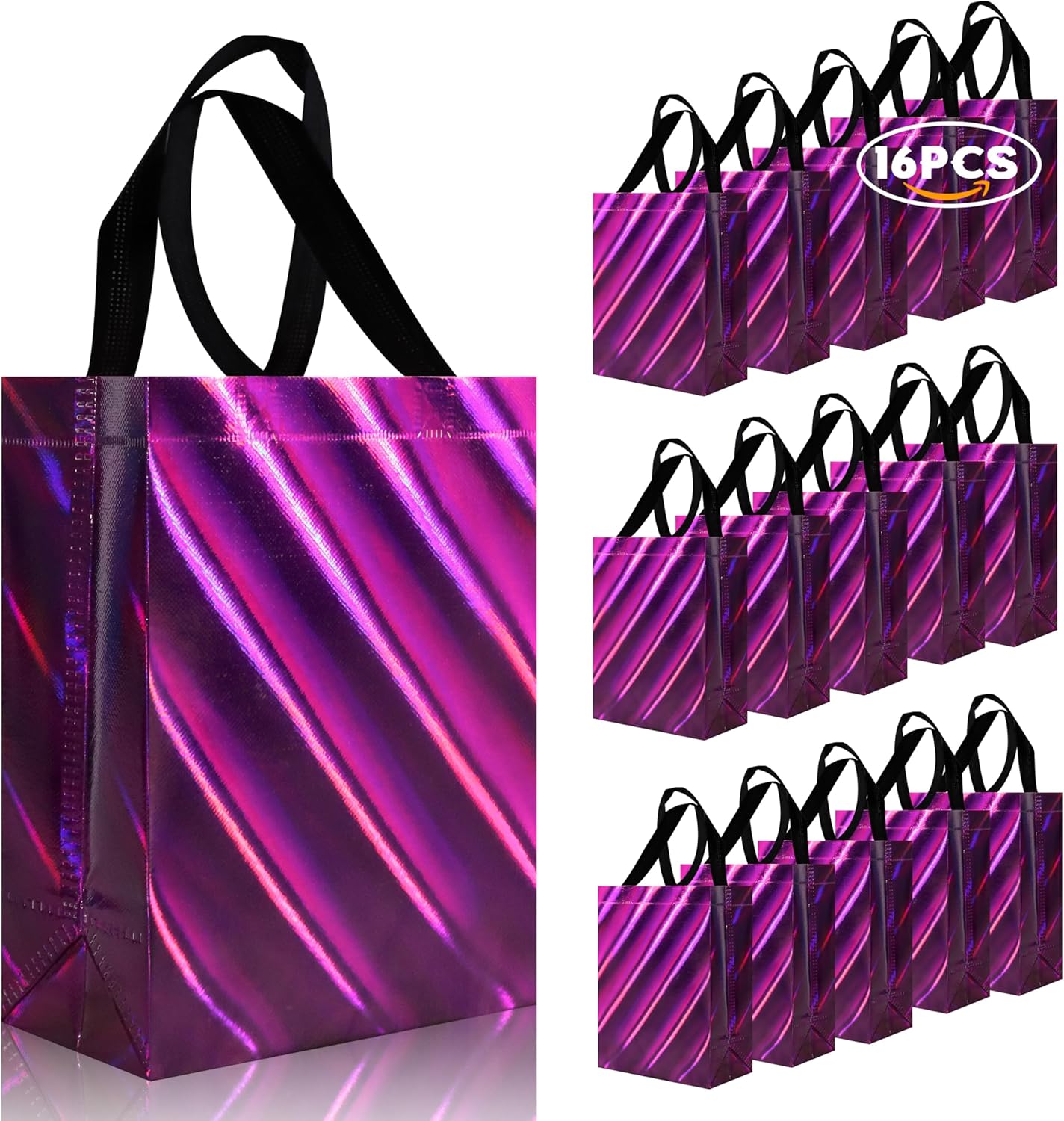 cabzymx 16 Pcs Small Holiday Gift Bags Bulk, Hot Pink Reusable Gift Bags with Twill Laser, Unique Non-woven Goodie Bags for Birthday, Wedding, Valentines, Parties, Easter- 8x3.9x9.8 In