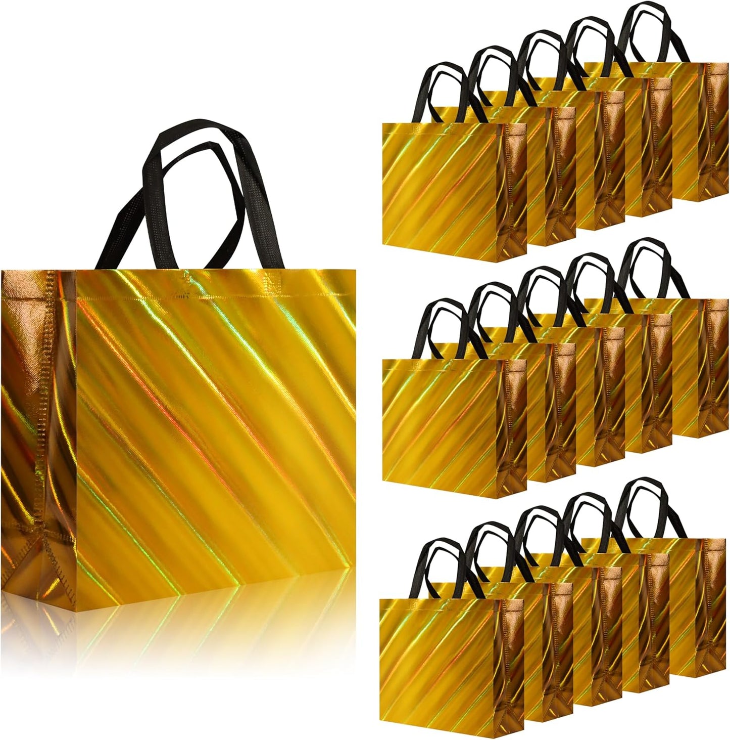 cabzymx Iridescent Glossy Gift Bags 15 pcs, 12.6x4.7x11 In Non-woven Reusable Goodie Bags Bulk, with Black Handles & Sturdy Base, Christmas Gift Bags for Birthday, Wedding, Easter, Holiday Party