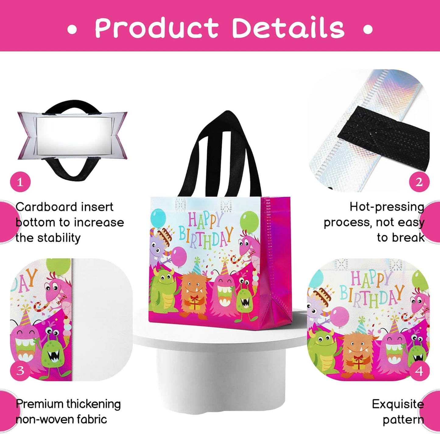 cabzymx Small Pink Birthday Gift Bags with Handles, 18 Pcs Cartoon Pattern Happy Birthday Party Bags Bulk for Girls, Boys