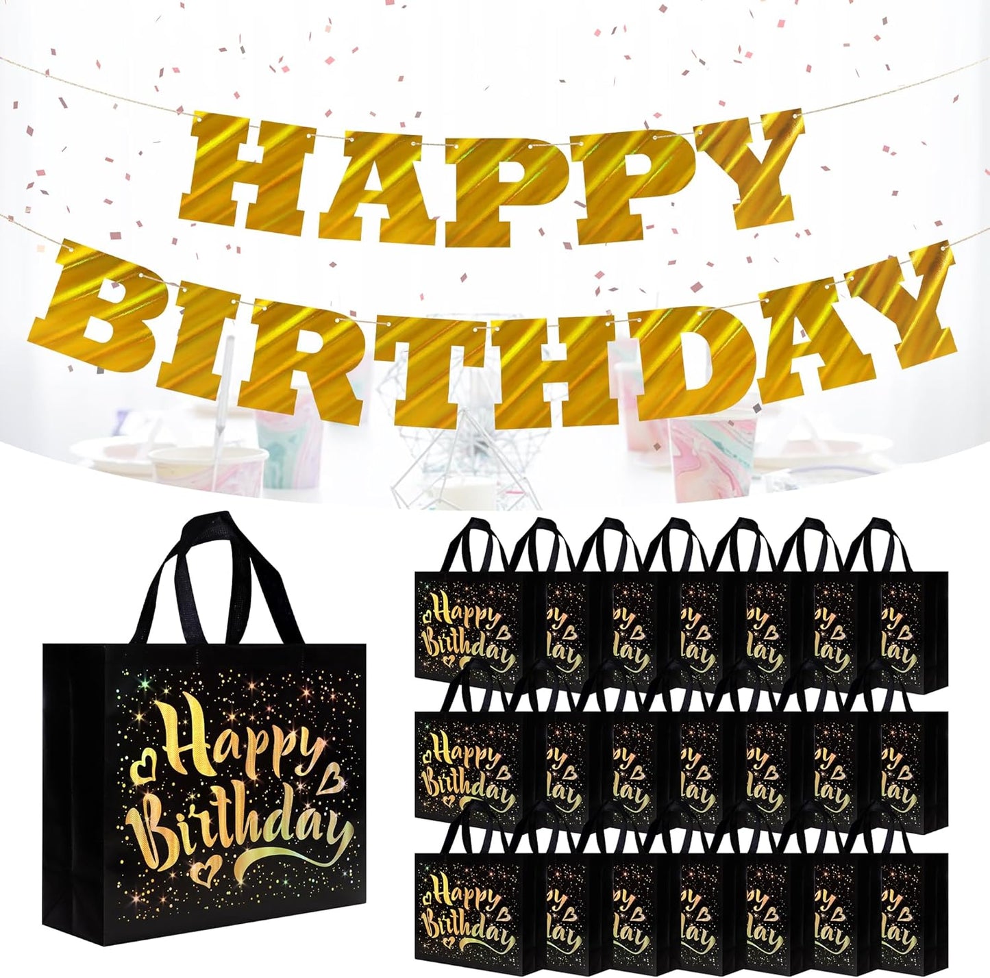 cabzymx 22 Pcs Black Birthday Gift Bags with Yellow Gold Happy Birthday Letters Banner, 12.6 x 4.7 x 11 In Reusable Party Gift Bags Bulk for Kids, Adults Birthday Party