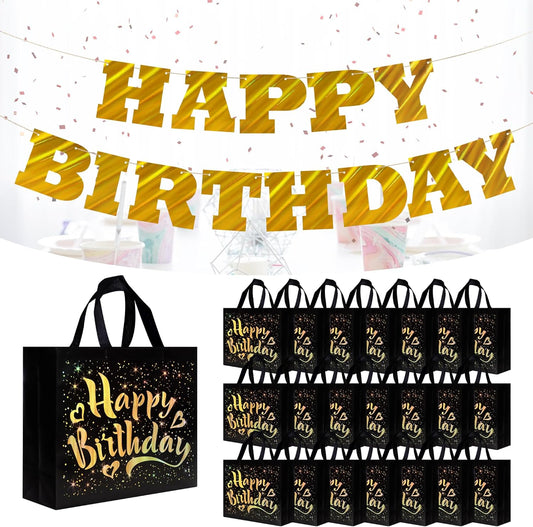 cabzymx 22 Pcs Black Birthday Gift Bags with Yellow Gold Happy Birthday Letters Banner, 12.6 x 4.7 x 11 In Reusable Party Gift Bags Bulk for Kids, Adults Birthday Party