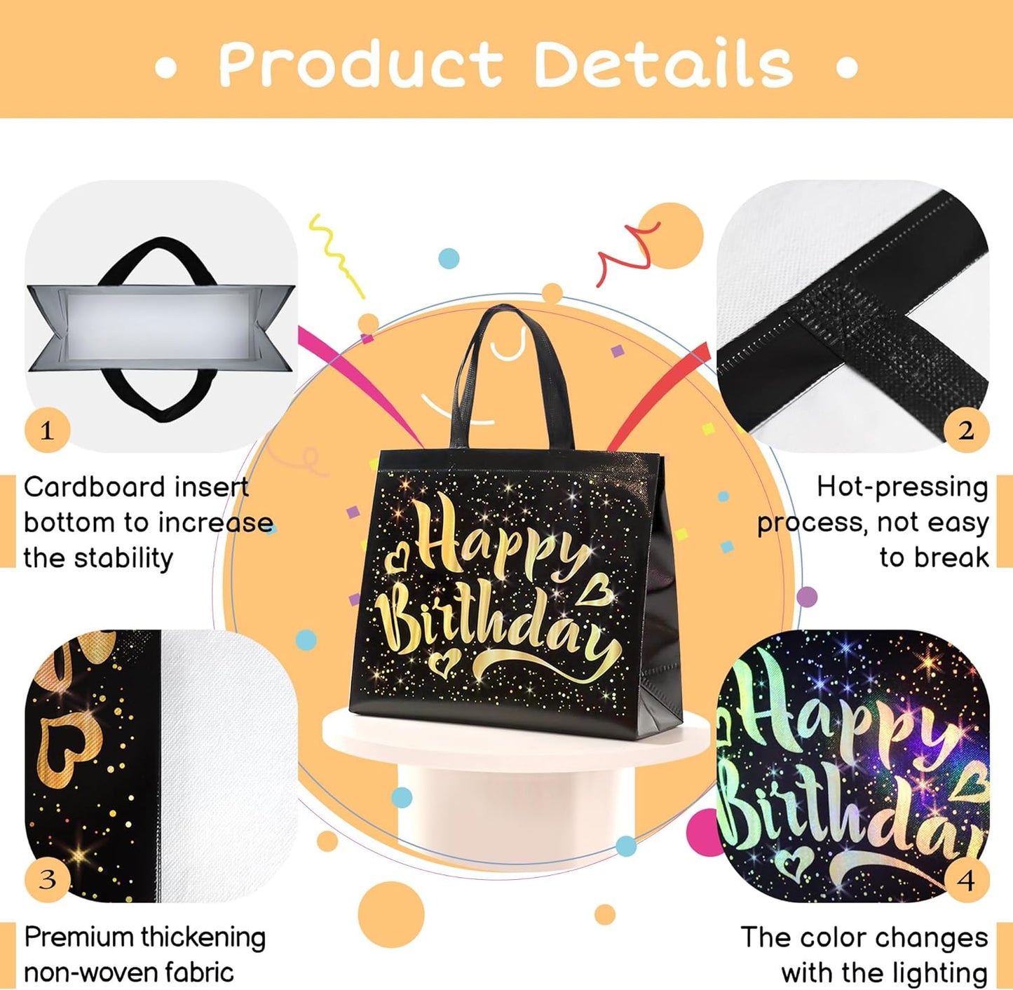 cabzymx 22 Pcs Black Birthday Gift Bags with Yellow Gold Happy Birthday Letters Banner, 12.6 x 4.7 x 11 In Reusable Party Gift Bags Bulk for Kids, Adults Birthday Party