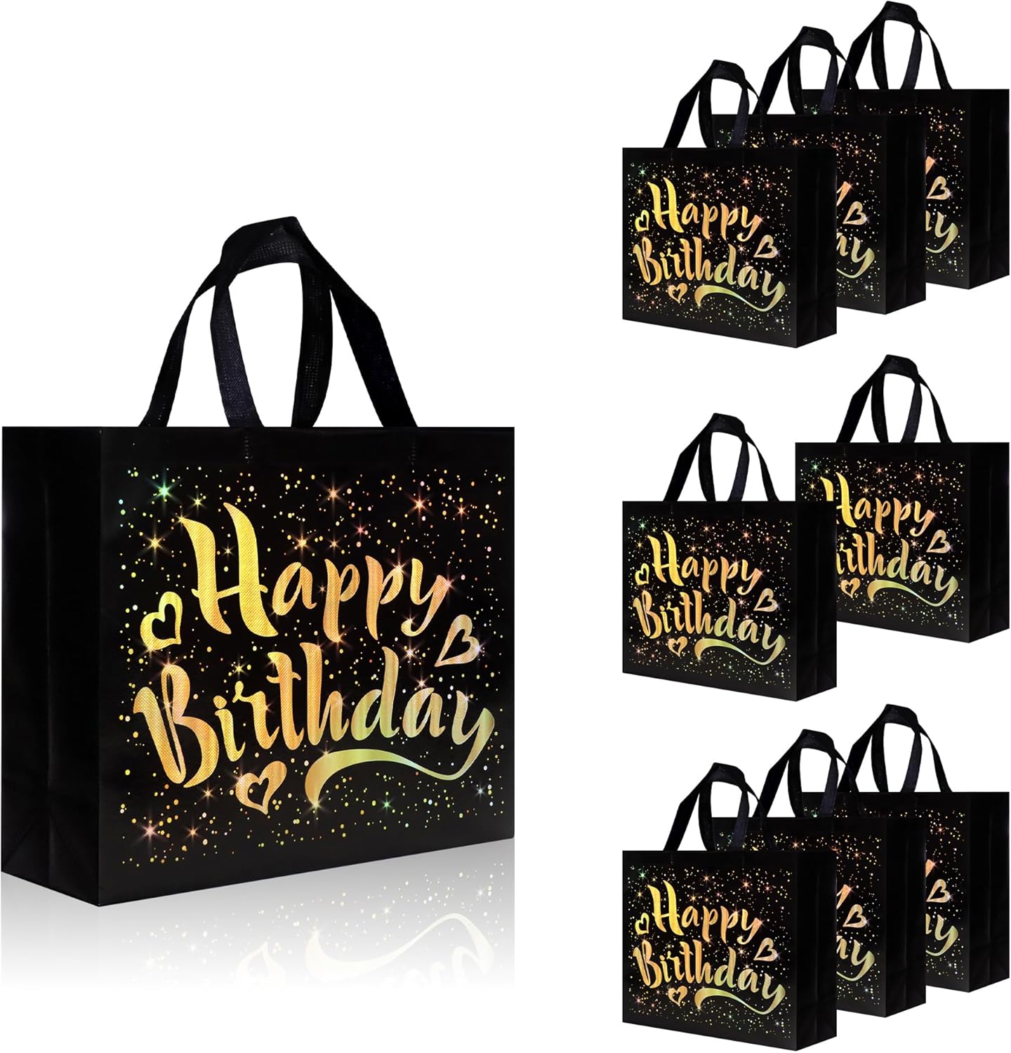 22 pcs Black Birthday Gift Bags with Bases, 12.6 x 4.7 x 11 In Large Happy Birthday Party Bags with Gold Shiny Polka Dot, Non-woven Reusable Gift Bags for Girls, Boys, Women, Men