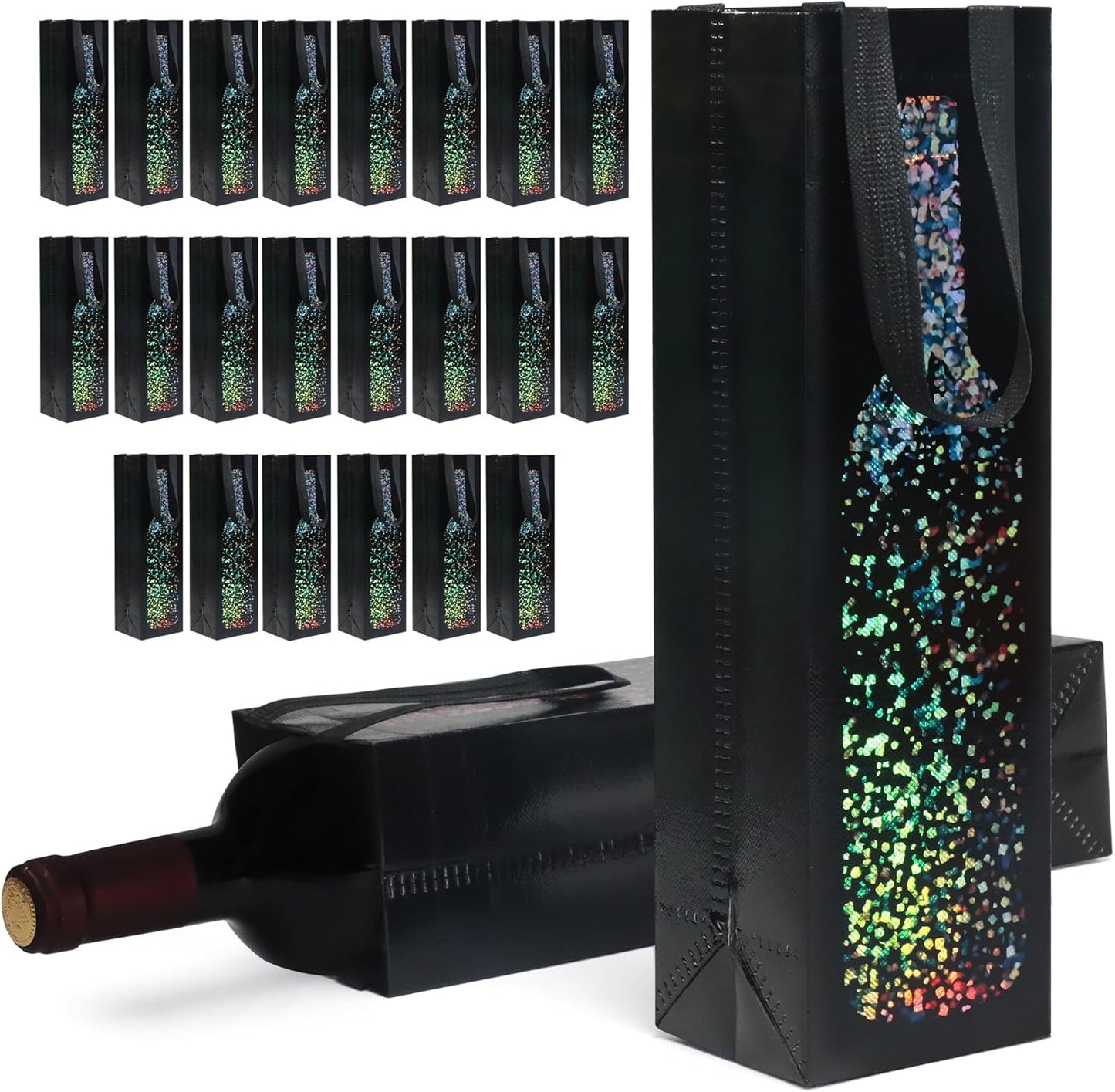 cabzymx 24-pack Yellow Reusable Wine Gift Bags with Wine Bottle Pattern Design, 13.6x3.5x3.9 Inches Non-woven Holiday Wine Bottle Bags Bulk for Christmas Thanksgiving Halloween Birthday Party