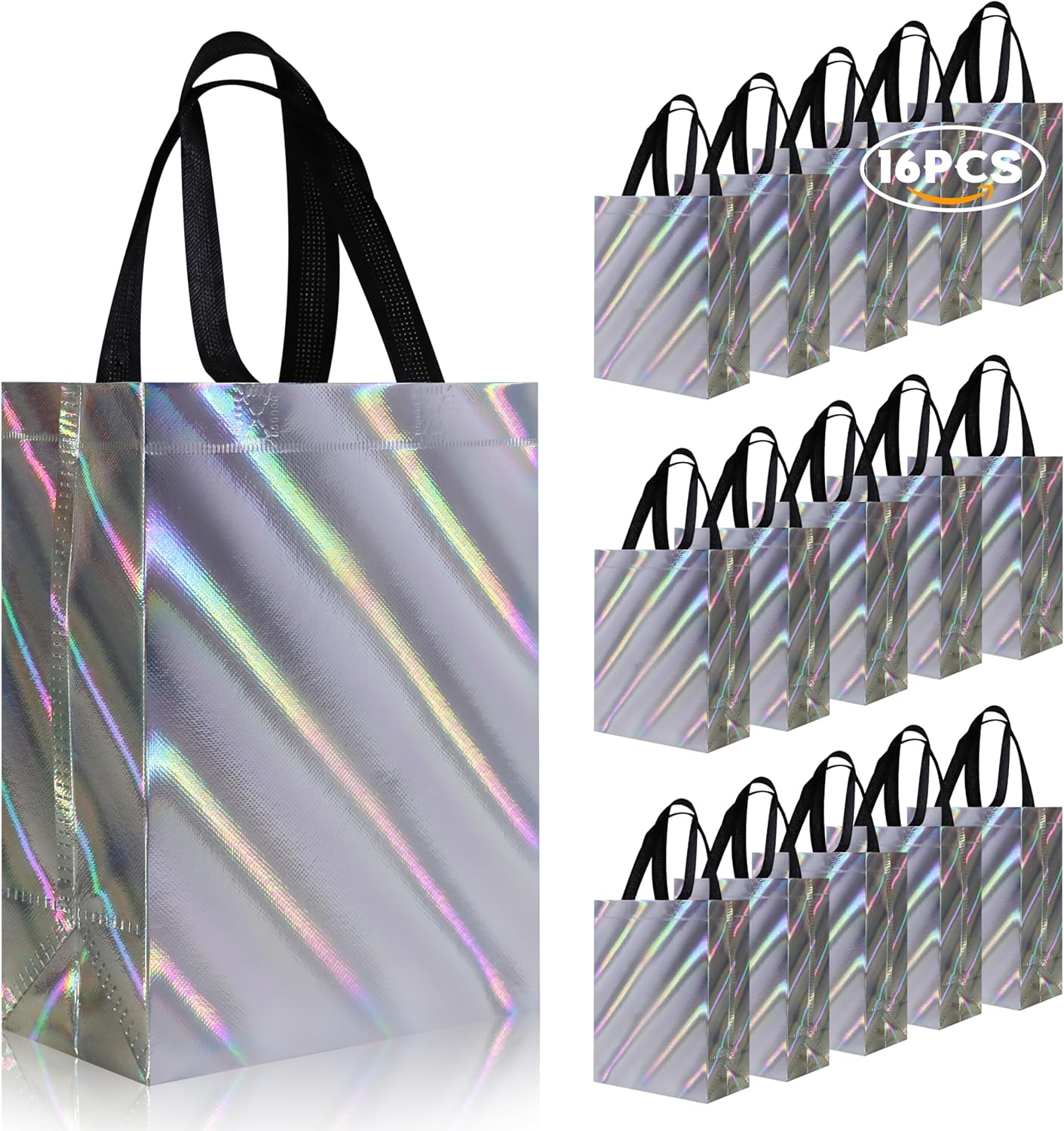 cabzymx 16 Pcs Small Holiday Gift Bags Bulk, Hot Pink Reusable Gift Bags with Twill Laser, Unique Non-woven Goodie Bags for Birthday, Wedding, Valentines, Parties, Easter- 8x3.9x9.8 In