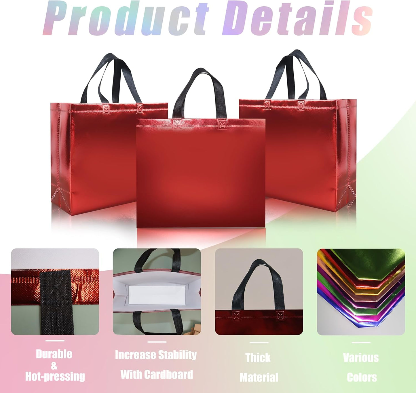 15 Pcs Glossy Red Reusable Gift Bags with Handle, 12.6 x 4.7 x 11 In Christmas Gift Bags with Sturdy Base, Non-woven Holiday Gift Bags Bulk for Xmas, Birthday, Wedding, Party