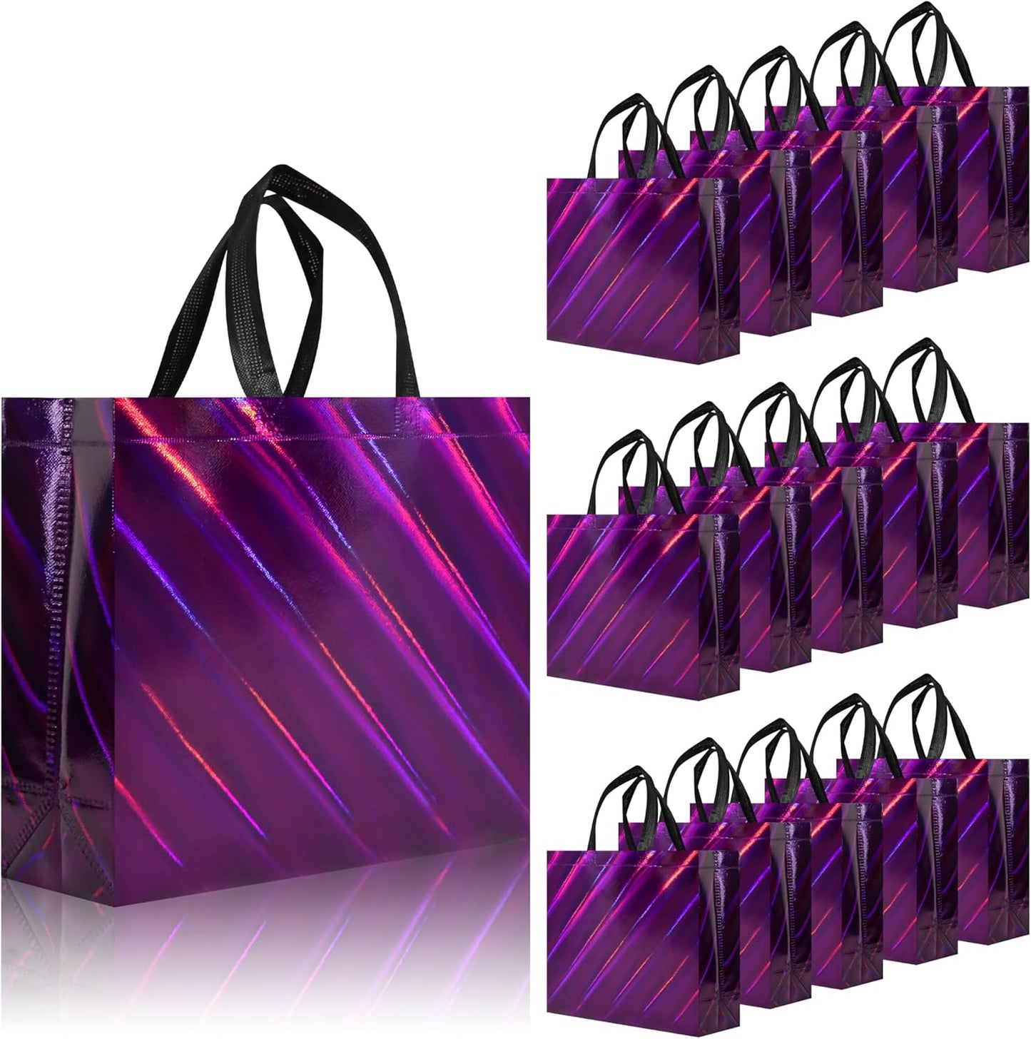cabzymx Iridescent Glossy Gift Bags 15 pcs, 12.6x4.7x11 In Non-woven Reusable Goodie Bags Bulk, with Black Handles & Sturdy Base, Christmas Gift Bags for Birthday, Wedding, Easter, Holiday Party