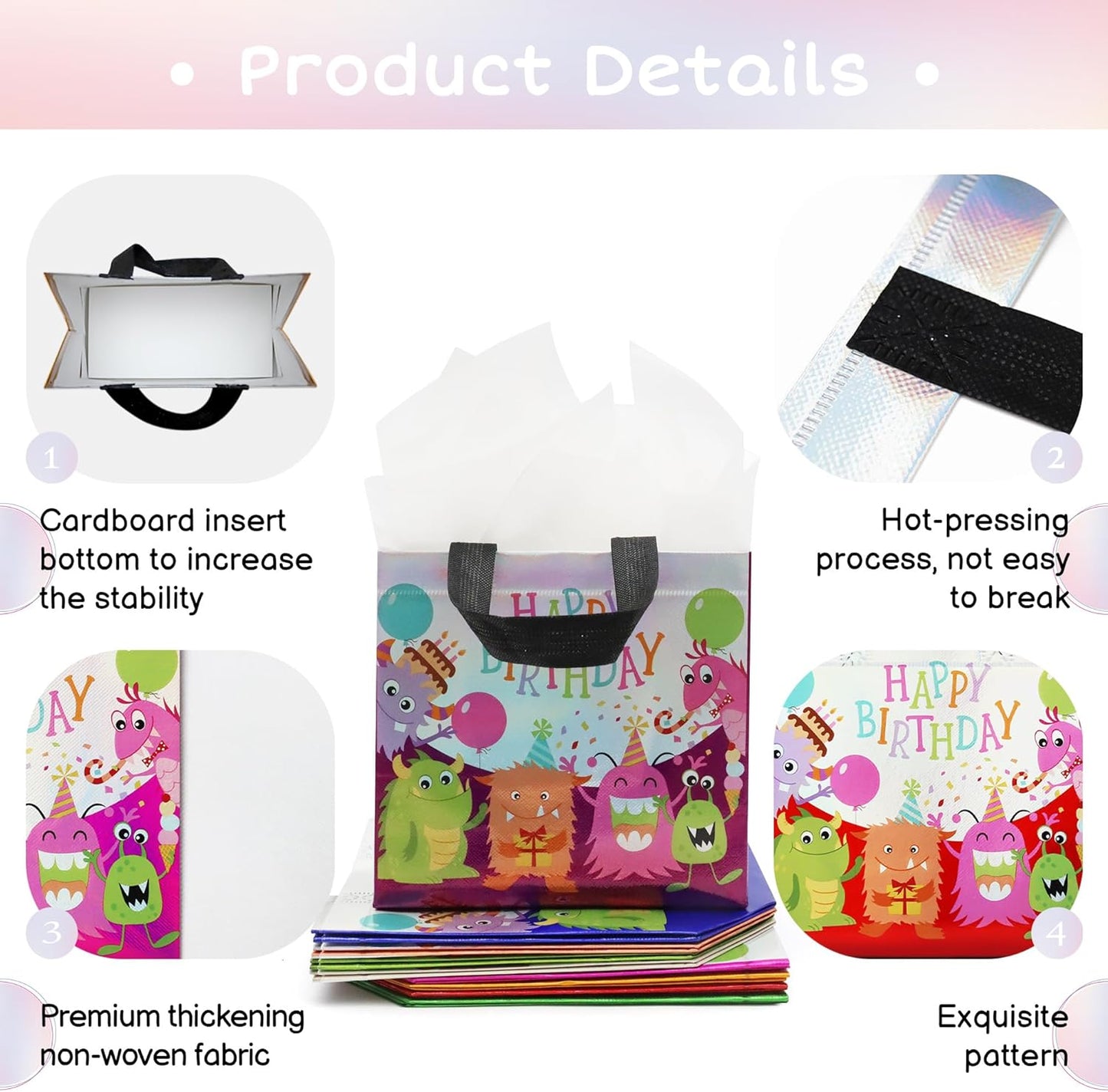 cabzymx Small Birthday Gift Bags with 9 colors, 18 Pcs Cartoon Pattern Happy Birthday Party Bags with Bases for Girls, Boys-Multicolor