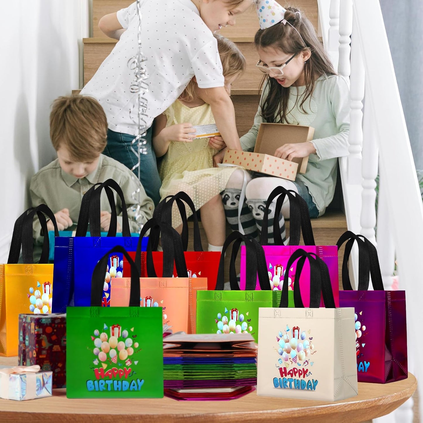 cabzymx Small Birthday Gift Bags with 9 colors, 18 Pcs Balloons Pattern Happy Birthday Party Bags with Bases for Girls, Boys-Multicolor