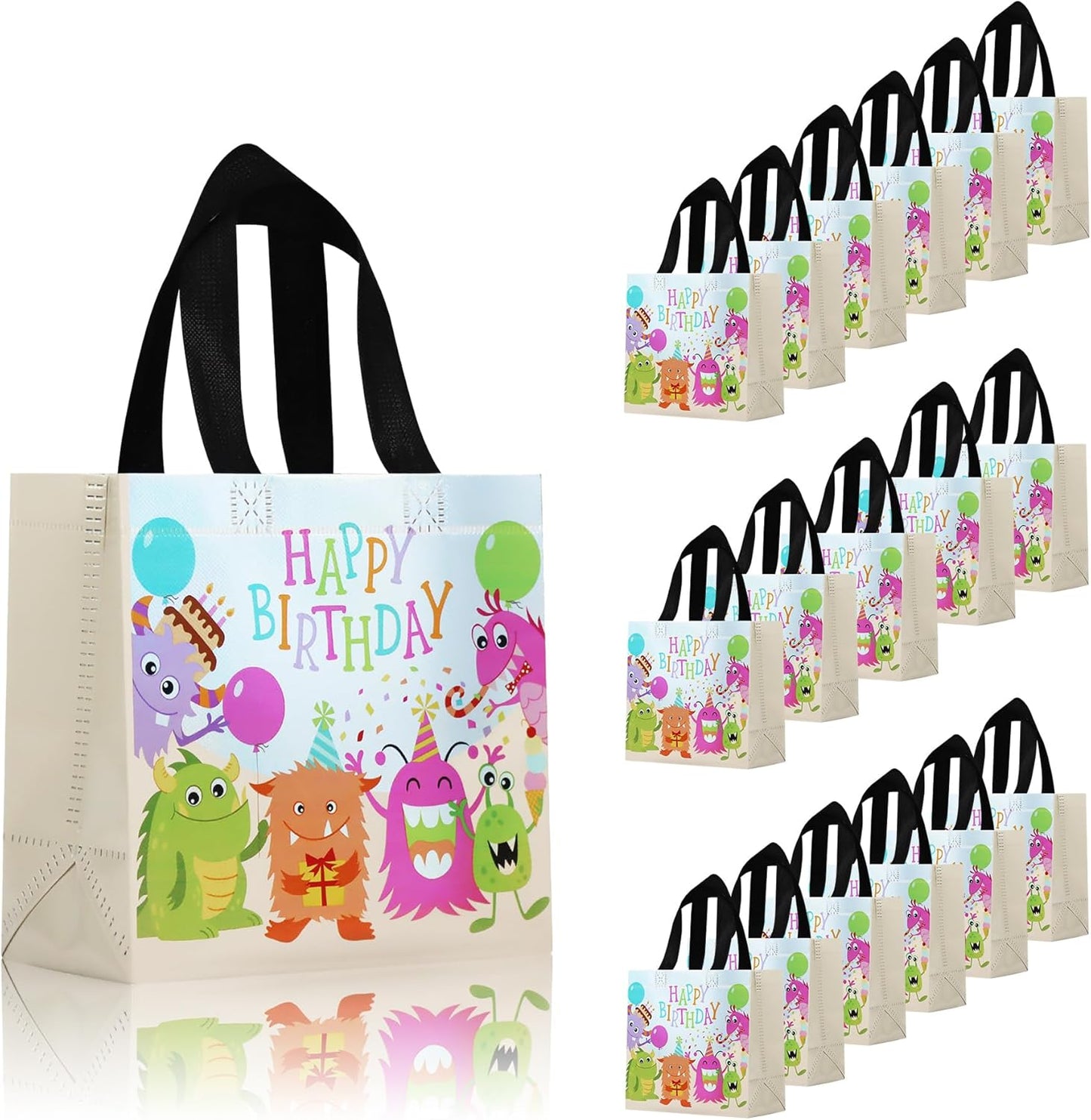cabzymx Small Birthday Gift Bags with 9 colors, 18 Pcs Cartoon Pattern Happy Birthday Party Bags with Bases for Girls, Boys-Multicolor