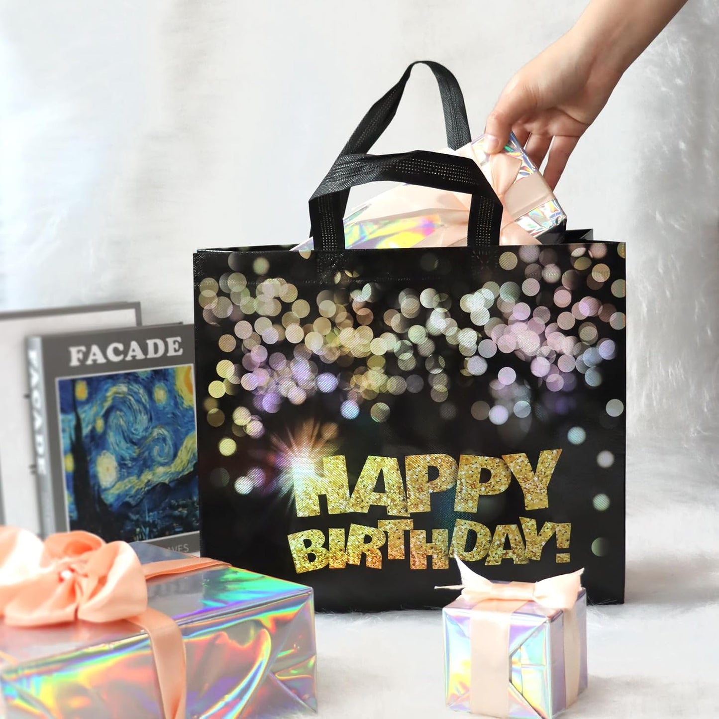 22 pcs Black Birthday Gift Bags with Bases, 12.6 x 4.7 x 11 In Large Happy Birthday Party Bags with Gold Shiny Polka Dot, Non-woven Reusable Gift Bags for Girls, Boys, Women, Men