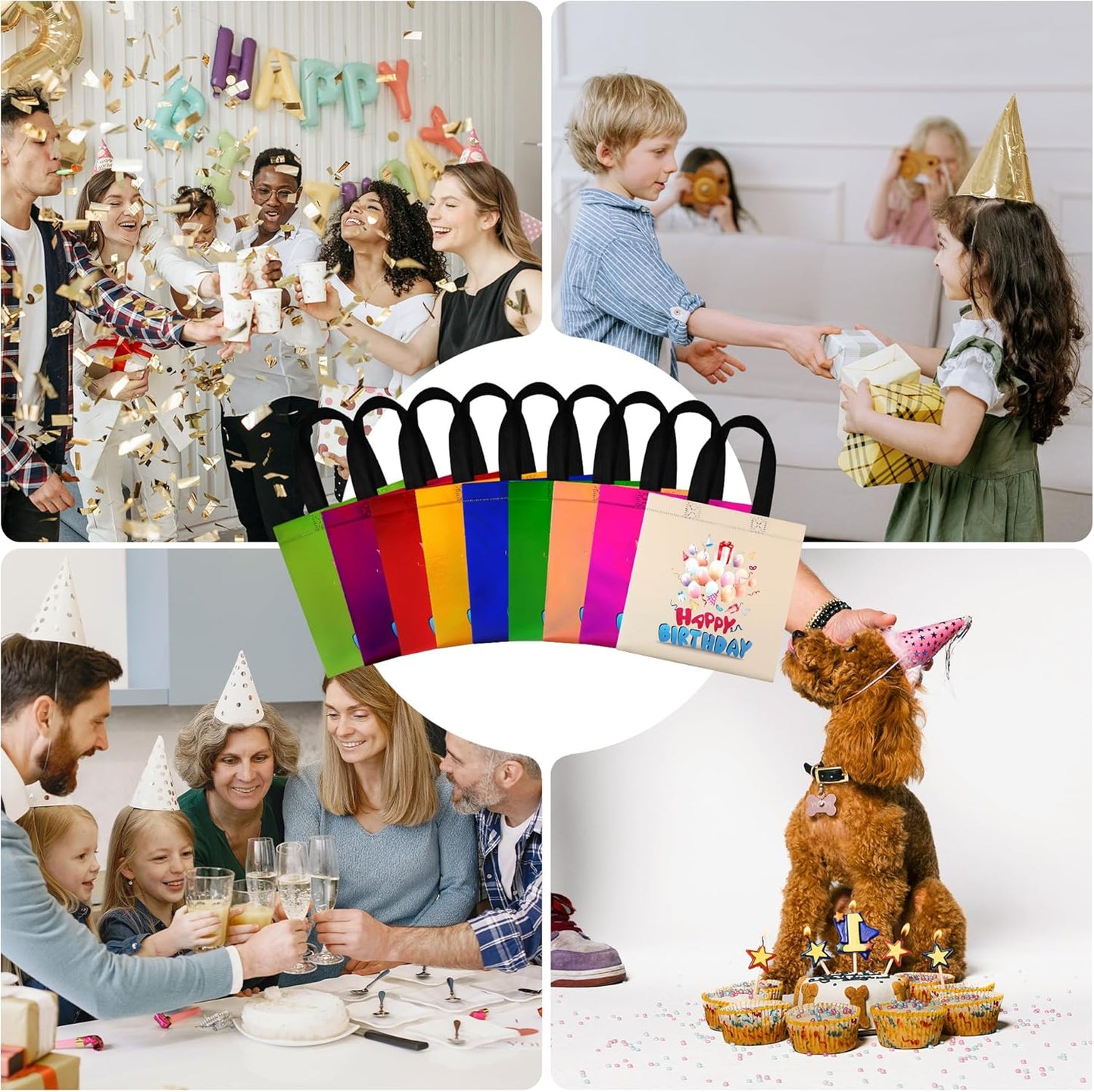 cabzymx Small Birthday Gift Bags with 9 colors, 18 Pcs Balloons Pattern Happy Birthday Party Bags with Bases for Girls, Boys-Multicolor