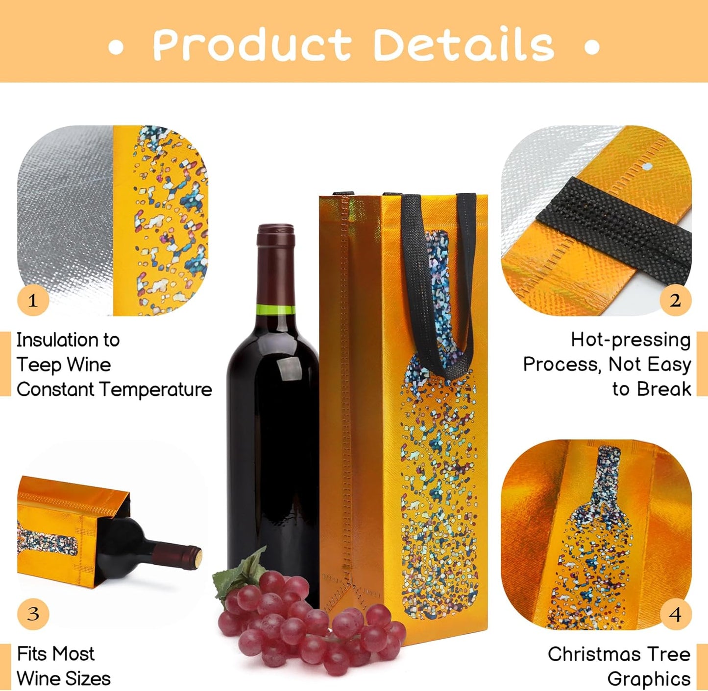 cabzymx 24-pack Yellow Reusable Wine Gift Bags with Wine Bottle Pattern Design, 13.6x3.5x3.9 Inches Non-woven Holiday Wine Bottle Bags Bulk for Christmas Thanksgiving Halloween Birthday Party