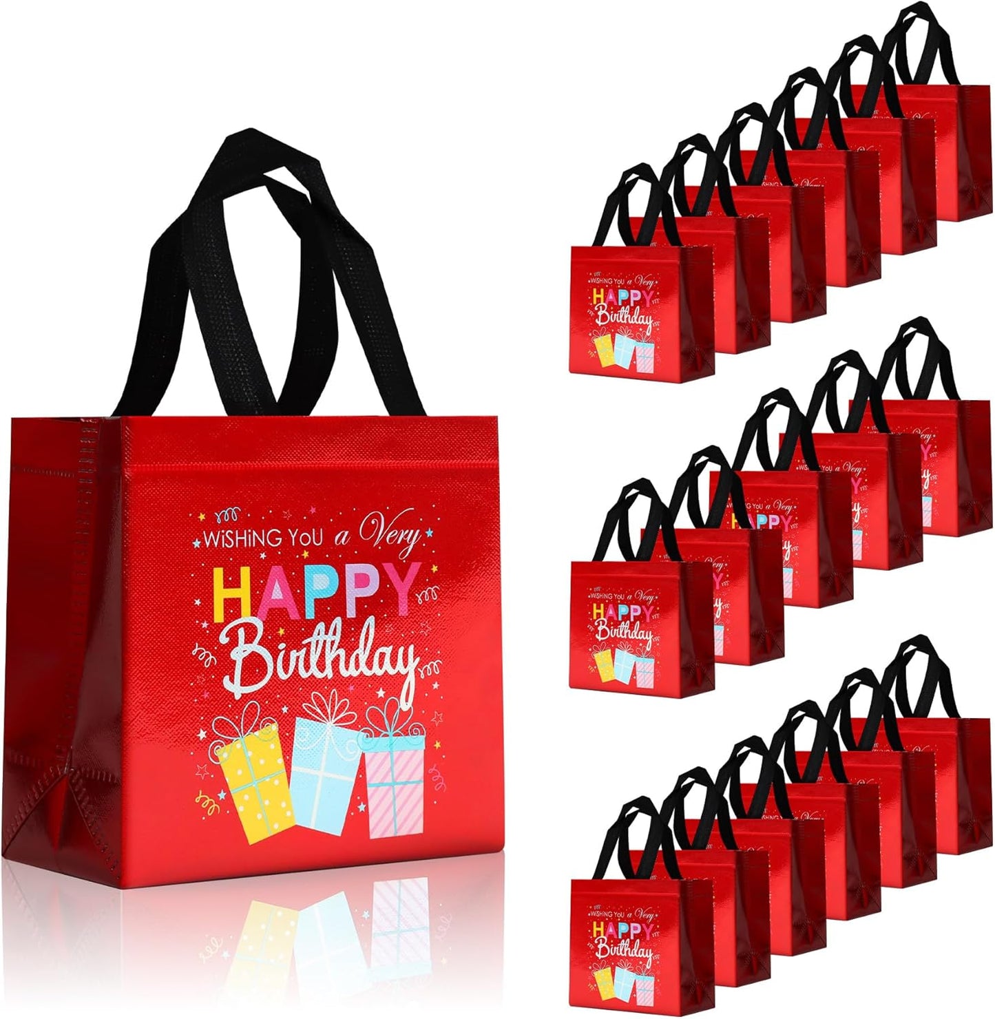 cabzymx 18 Pcs Sunset Gold Small Happy Birthday Gift Bags Bulk- with Funny Gift Design, Glossy Reusable Goodie Bags for Baby, Girls, Boys, Birthday Party- 8 x 3.9 x 8 In