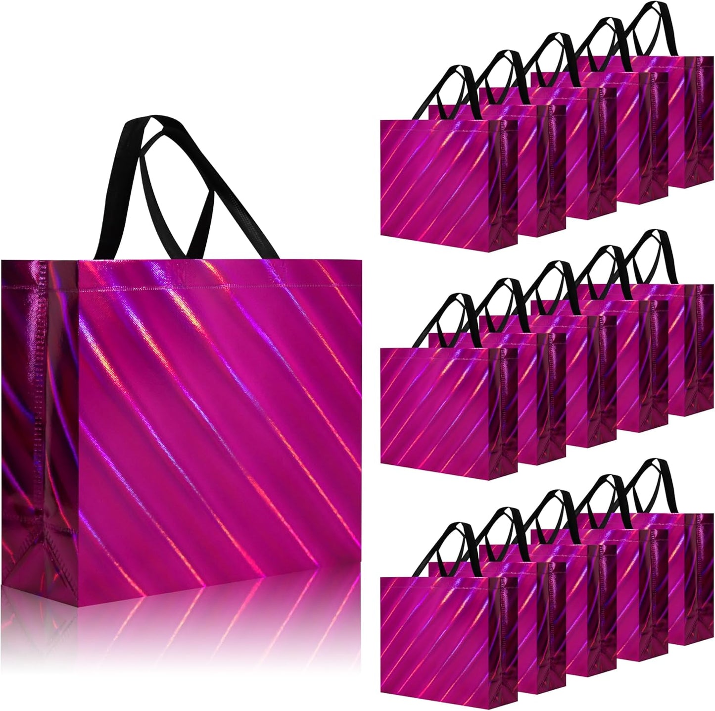 cabzymx Iridescent Glossy Gift Bags 15 pcs, 12.6x4.7x11 In Non-woven Reusable Goodie Bags Bulk, with Black Handles & Sturdy Base, Christmas Gift Bags for Birthday, Wedding, Easter, Holiday Party