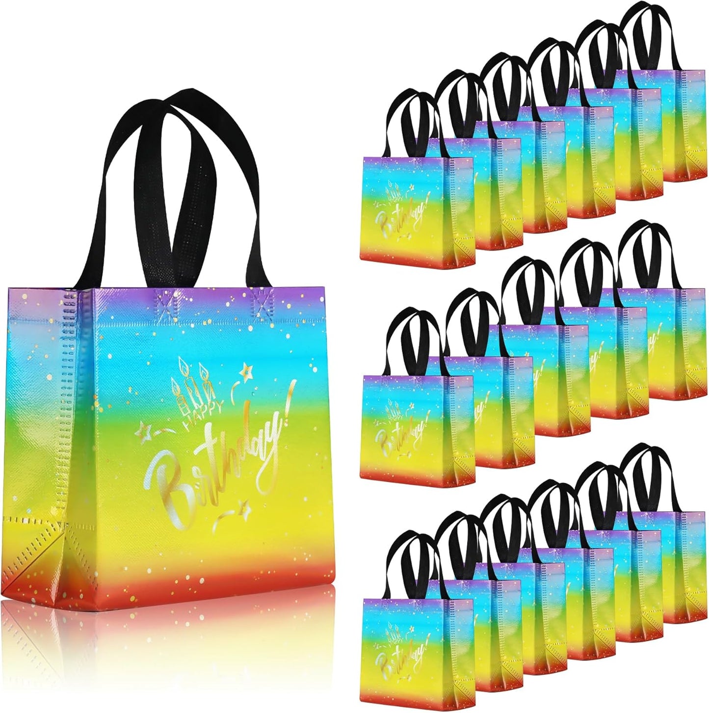 cabzymx 18 Pcs Sunset Gold Small Happy Birthday Gift Bags Bulk- with Funny Gift Design, Glossy Reusable Goodie Bags for Baby, Girls, Boys, Birthday Party- 8 x 3.9 x 8 In