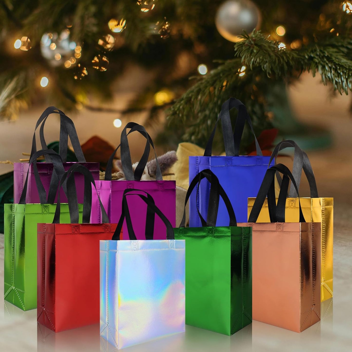cabzymx 18 Pcs Multicolor Small Gift Bags Bulk, 8 x 3.9 x 9.8 In Glossy Non-woven Party Bags, Reusable Goodie Bags with Sturdy Base for Birthday, Wedding, Party, Holiday- 9 Colors
