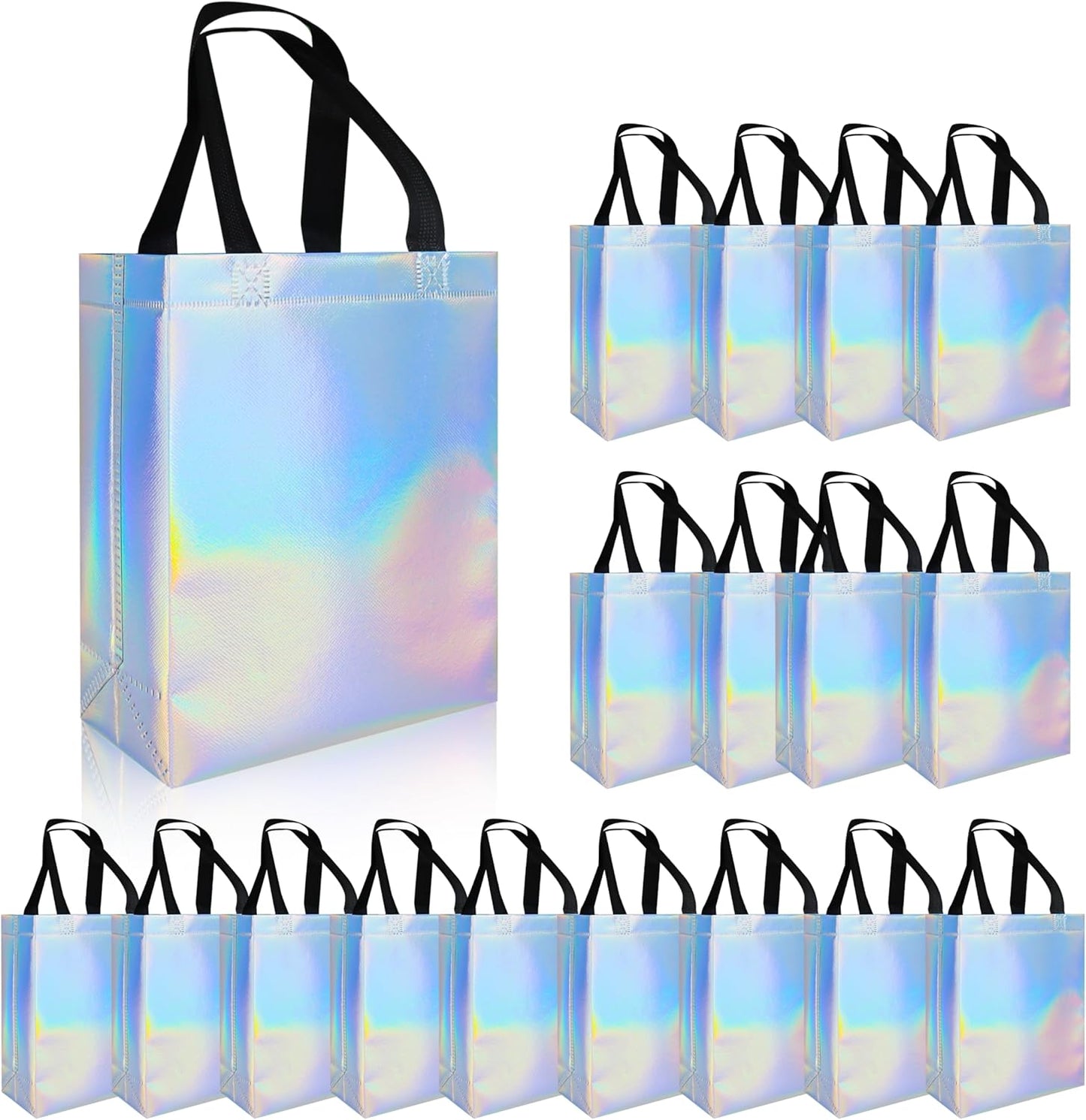 cabzymx Iridescent Glossy Gift Bags 15 pcs, 12.6x4.7x11 In Non-woven Reusable Goodie Bags Bulk, with Black Handles & Sturdy Base, Christmas Gift Bags for Birthday, Wedding, Easter, Holiday Party