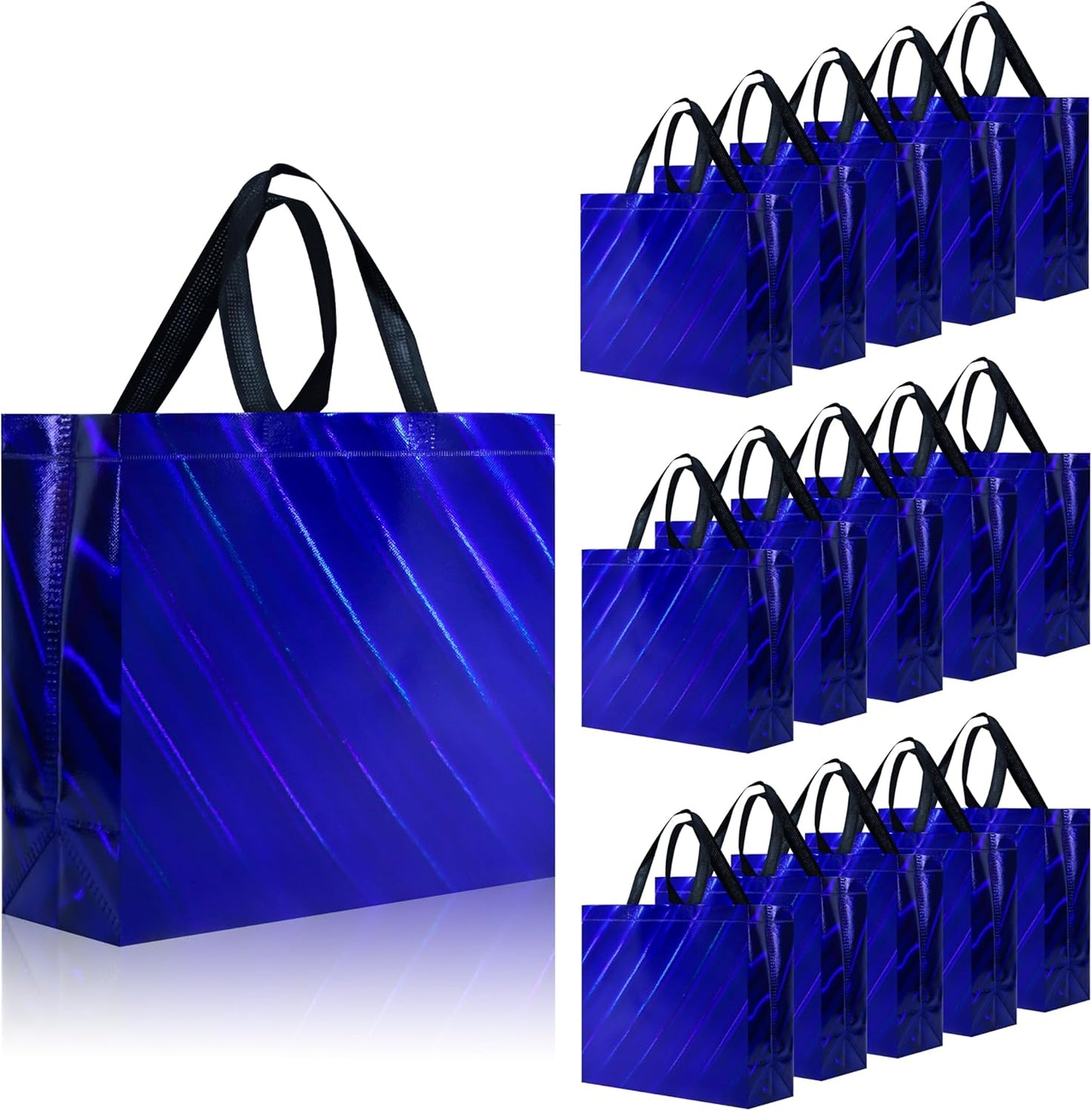 cabzymx Iridescent Glossy Gift Bags 15 pcs, 12.6x4.7x11 In Non-woven Reusable Goodie Bags Bulk, with Black Handles & Sturdy Base, Christmas Gift Bags for Birthday, Wedding, Easter, Holiday Party