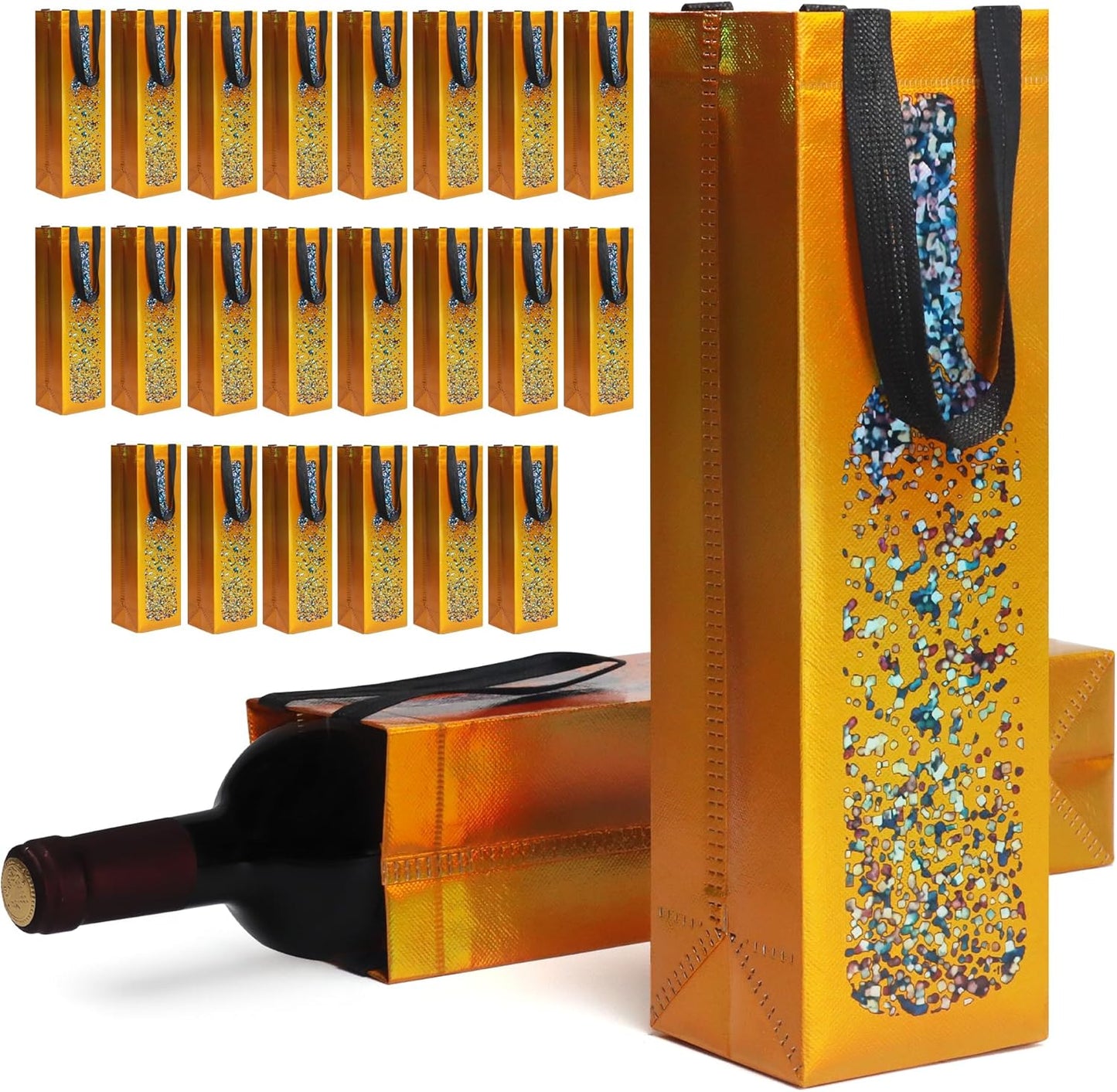 cabzymx 24-pack Yellow Reusable Wine Gift Bags with Wine Bottle Pattern Design, 13.6x3.5x3.9 Inches Non-woven Holiday Wine Bottle Bags Bulk for Christmas Thanksgiving Halloween Birthday Party