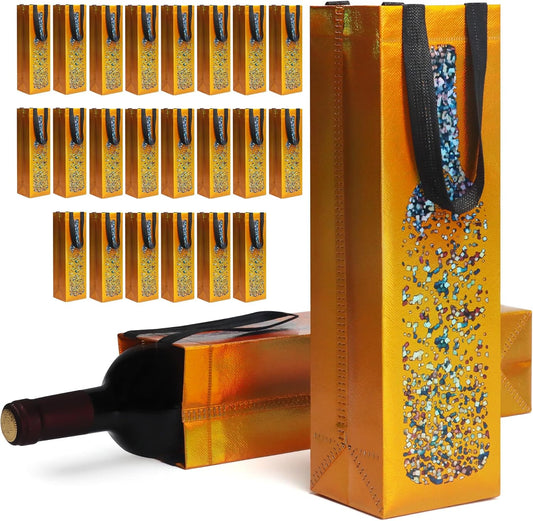 cabzymx 24-pack Yellow Reusable Wine Gift Bags with Wine Bottle Pattern Design, 13.6x3.5x3.9 Inches Non-woven Holiday Wine Bottle Bags Bulk for Christmas Thanksgiving Halloween Birthday Party