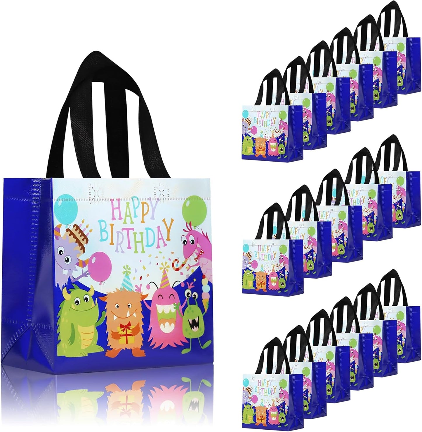cabzymx Small Birthday Gift Bags with 9 colors, 18 Pcs Cartoon Pattern Happy Birthday Party Bags with Bases for Girls, Boys-Multicolor