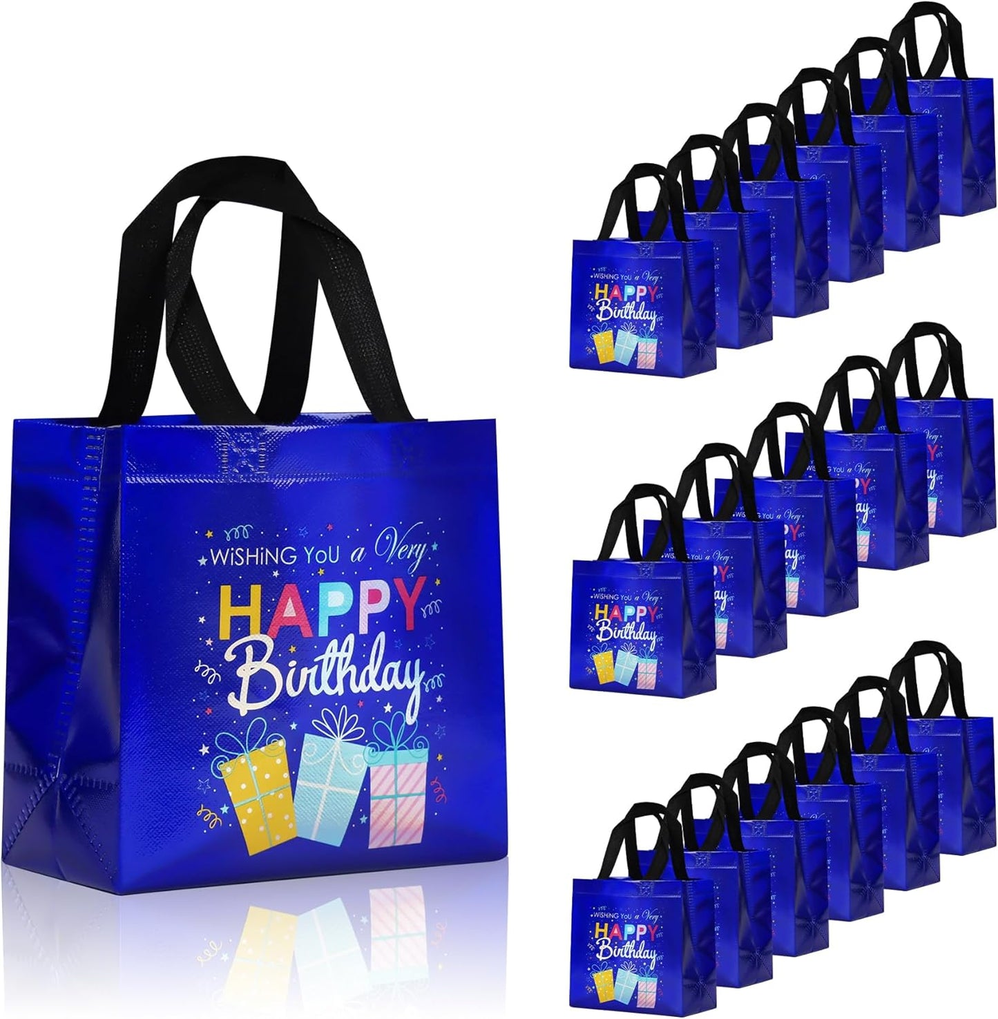cabzymx 18 Pcs Sunset Gold Small Happy Birthday Gift Bags Bulk- with Funny Gift Design, Glossy Reusable Goodie Bags for Baby, Girls, Boys, Birthday Party- 8 x 3.9 x 8 In