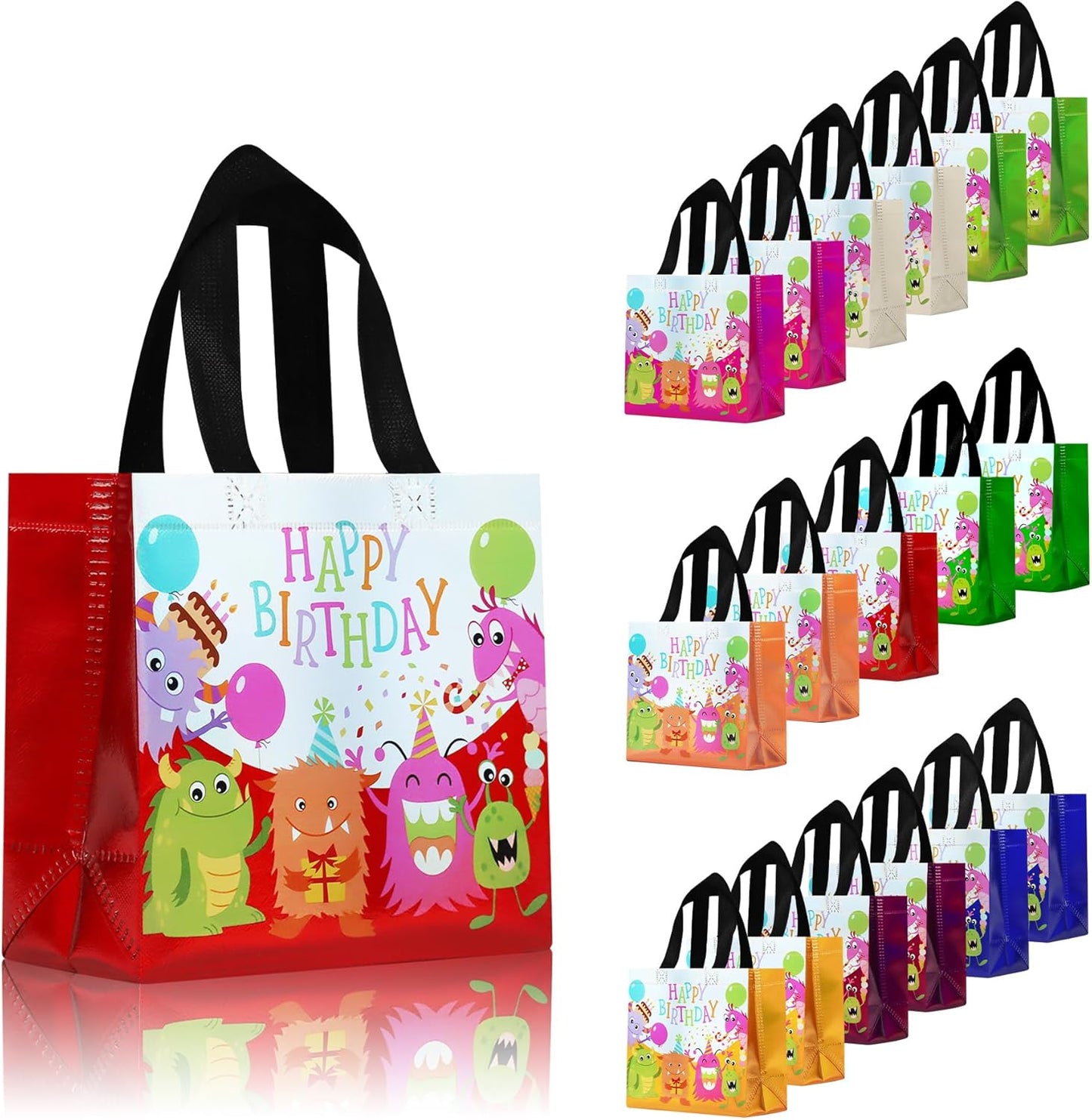 cabzymx Small Pink Birthday Gift Bags with Handles, 18 Pcs Cartoon Pattern Happy Birthday Party Bags Bulk for Girls, Boys
