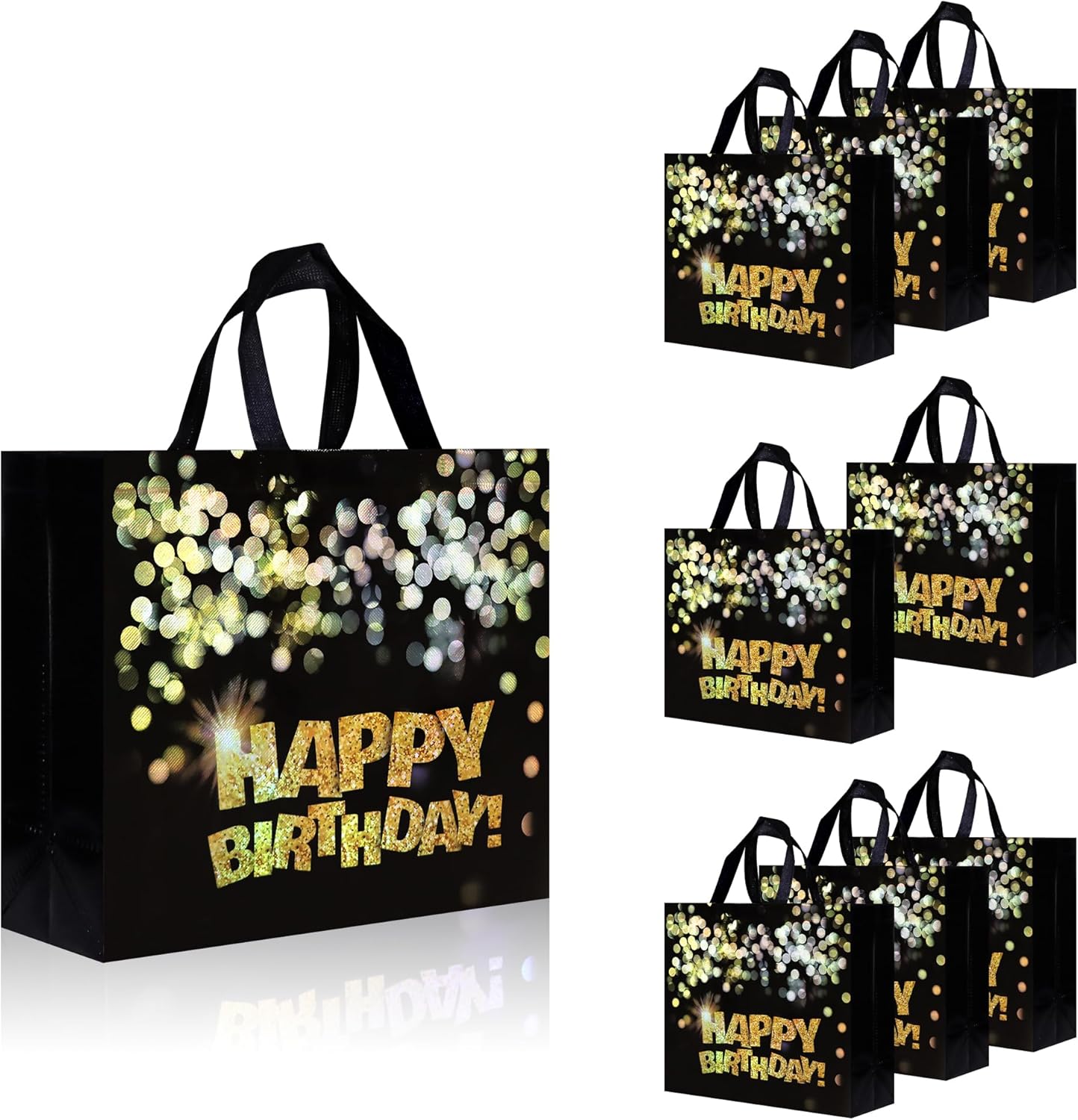 22 pcs Black Birthday Gift Bags with Bases, 12.6 x 4.7 x 11 In Large Happy Birthday Party Bags with Gold Shiny Polka Dot, Non-woven Reusable Gift Bags for Girls, Boys, Women, Men