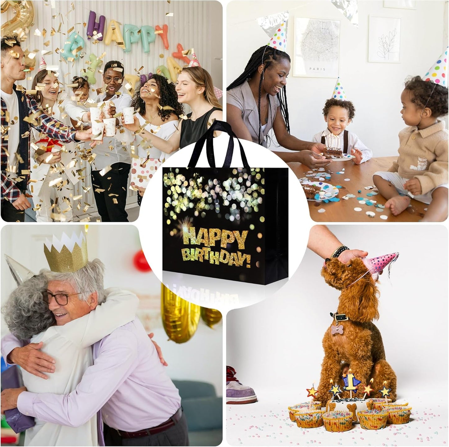 22 pcs Black Birthday Gift Bags with Bases, 12.6 x 4.7 x 11 In Large Happy Birthday Party Bags with Gold Shiny Polka Dot, Non-woven Reusable Gift Bags for Girls, Boys, Women, Men