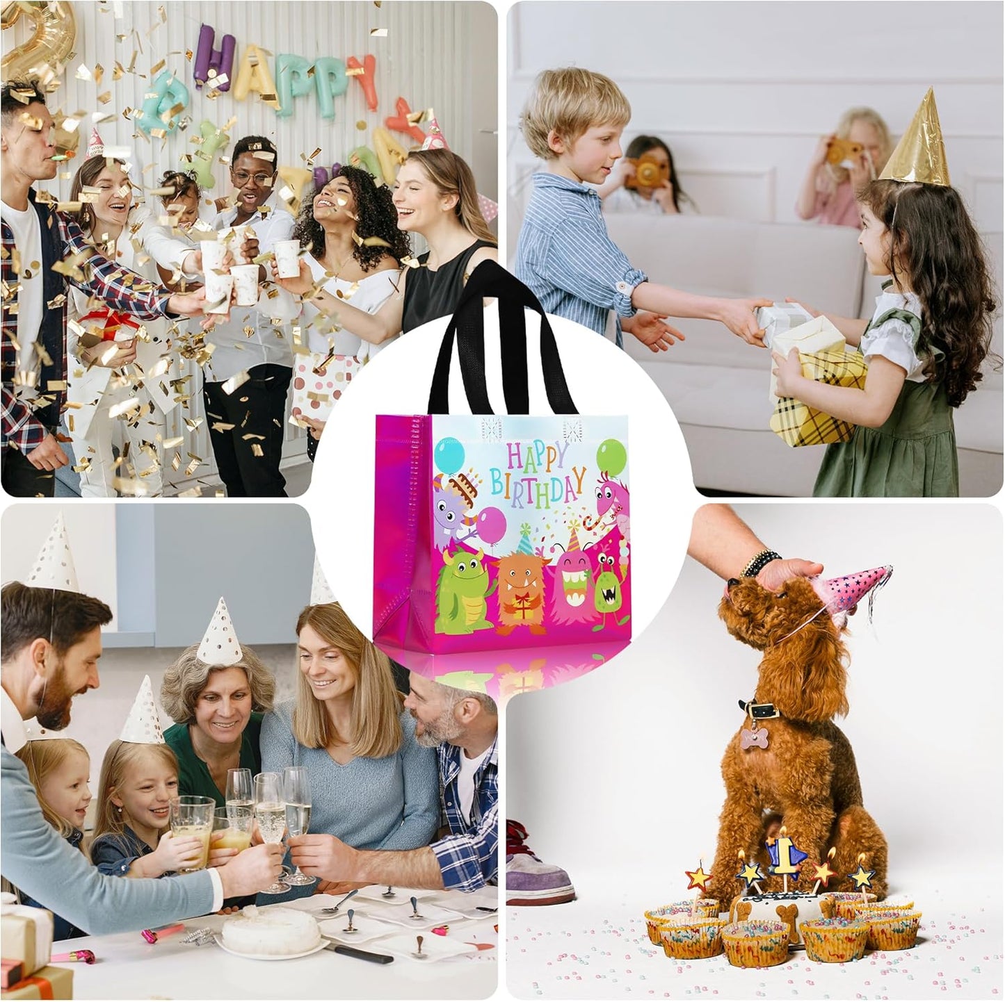 cabzymx Small Pink Birthday Gift Bags with Handles, 18 Pcs Cartoon Pattern Happy Birthday Party Bags Bulk for Girls, Boys