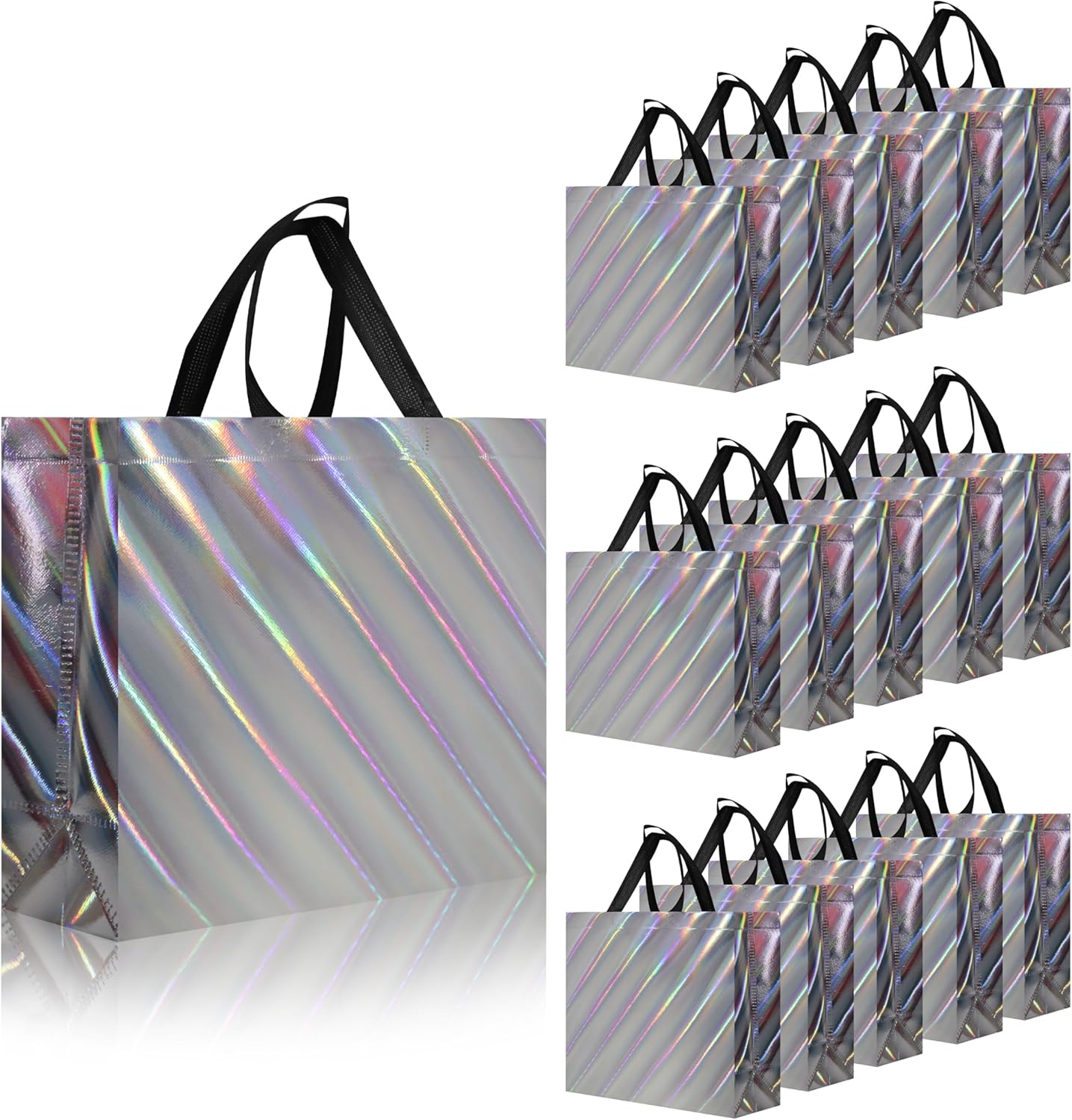 cabzymx Iridescent Glossy Gift Bags 15 pcs, 12.6x4.7x11 In Non-woven Reusable Goodie Bags Bulk, with Black Handles & Sturdy Base, Christmas Gift Bags for Birthday, Wedding, Easter, Holiday Party