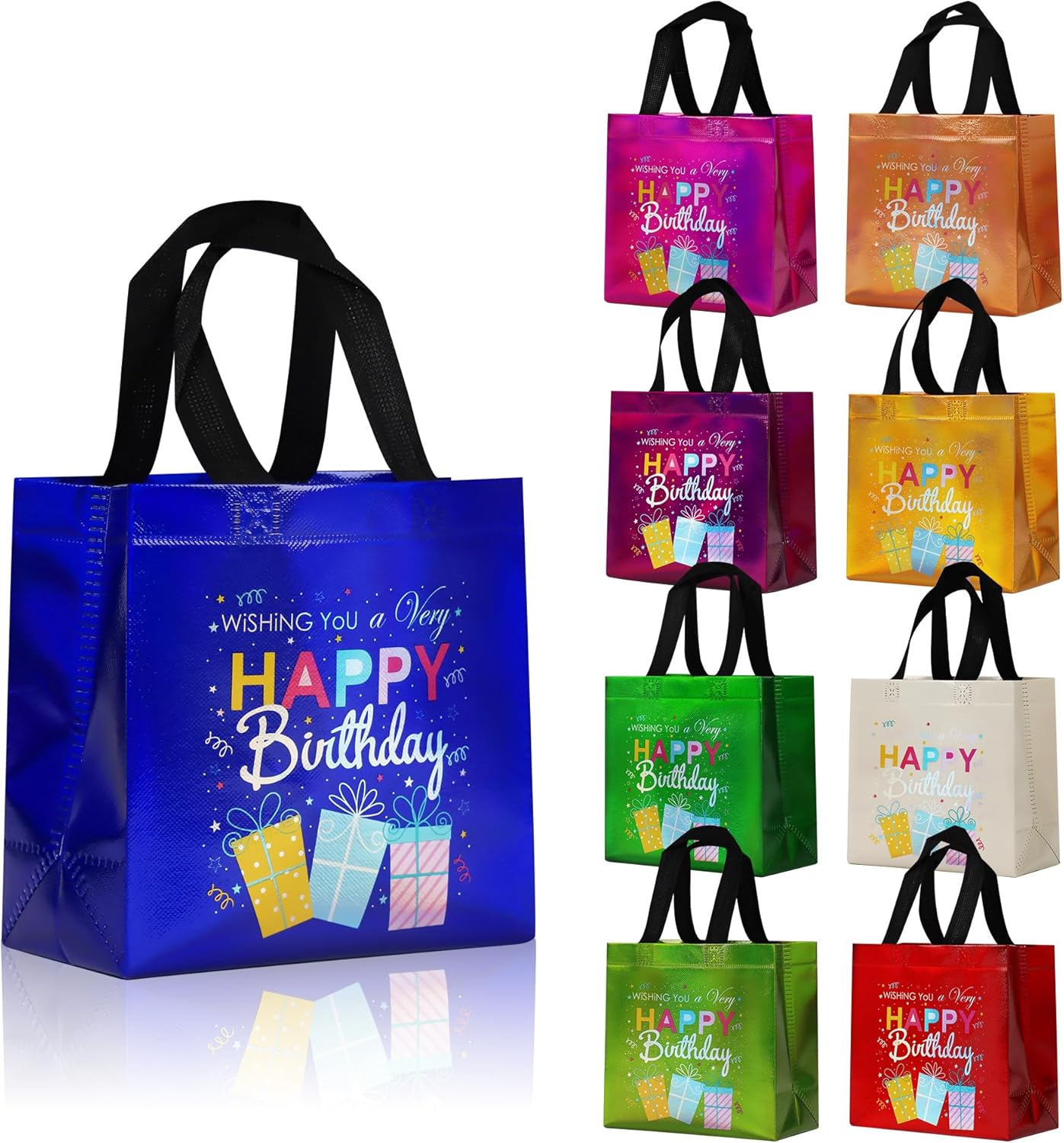 cabzymx 18 Pcs Sunset Gold Small Happy Birthday Gift Bags Bulk- with Funny Gift Design, Glossy Reusable Goodie Bags for Baby, Girls, Boys, Birthday Party- 8 x 3.9 x 8 In